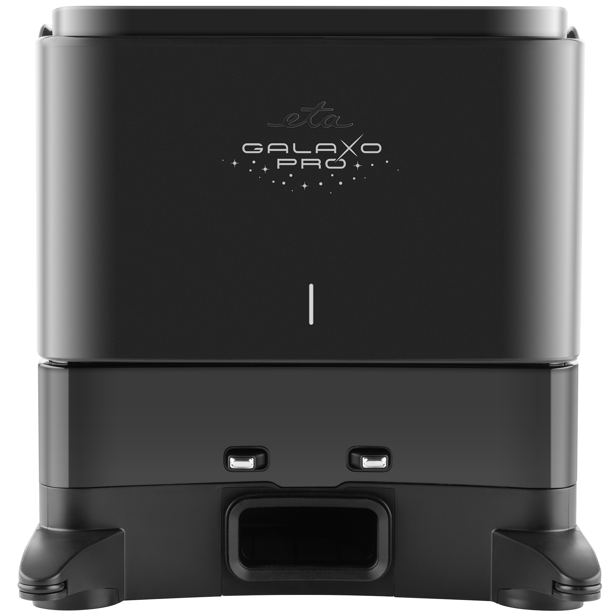 Schwarzer Galaxo Pro Roboter-Staubsauger mit Markennamen auf der Vorderseite. Hat eine rechteckige Form mit abgerundeten Ecken.