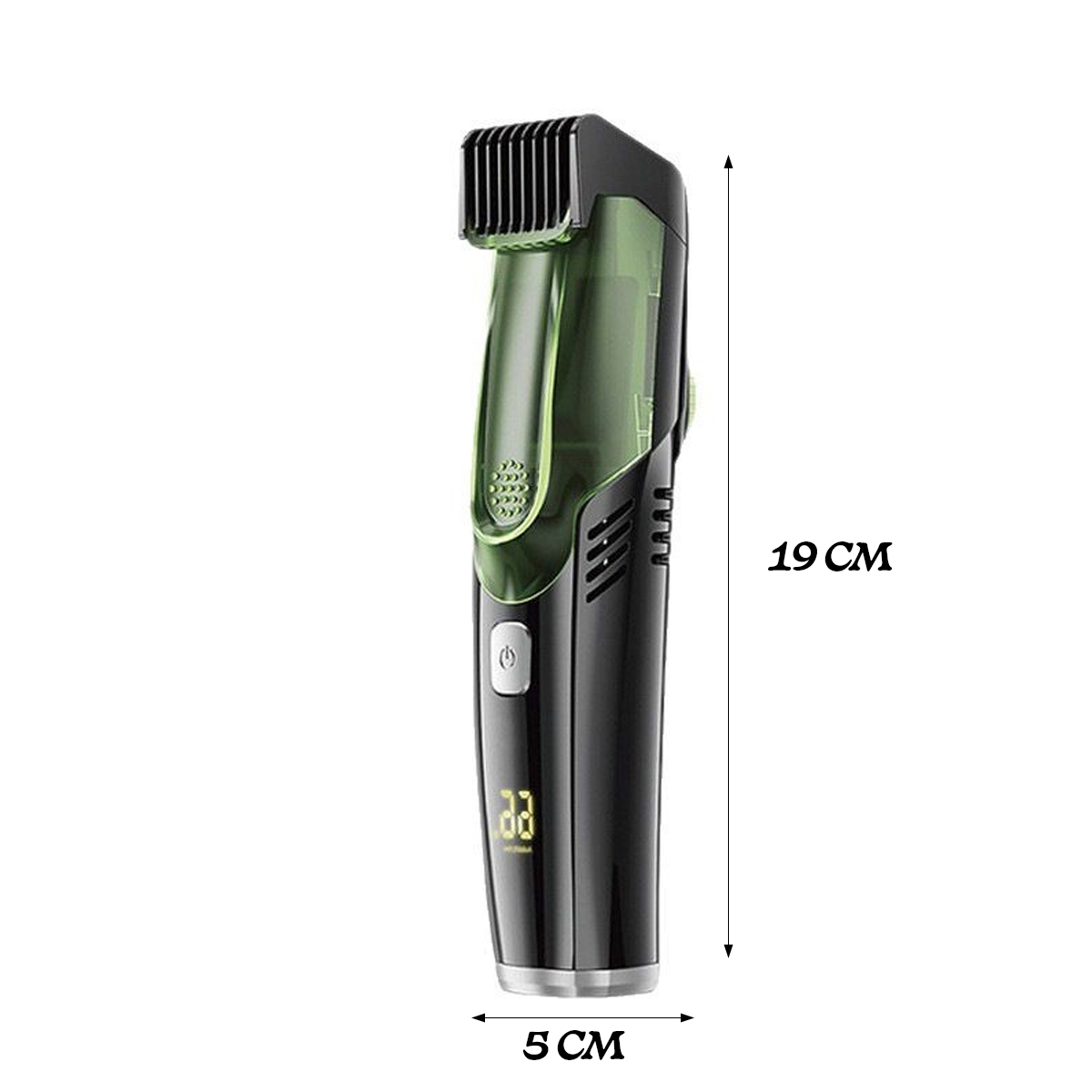 Schwarzer und grüner elektrischer Haarschneider. Er ist 19 cm hoch und 5 cm breit. Er hat ein digitales Display und einen Einschaltknopf.