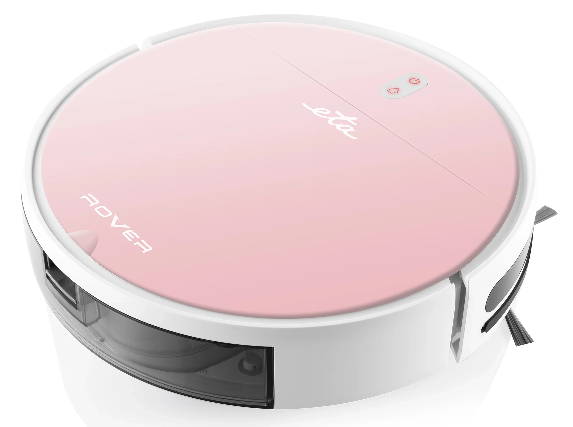Ein rosa-weißer Roboter-Staubsauger. Er hat eine rosa Oberseite mit dem 'eta'-Logo und dem Wort 'ROVER'.