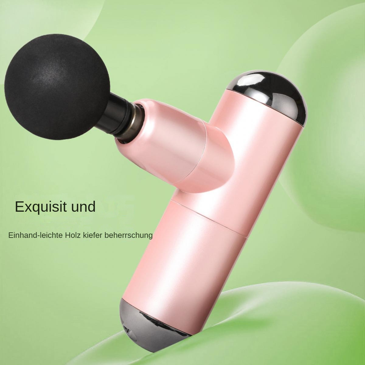 Ein rosa-schwarzes Massagegerät. Das Gerät hat einen schwarzen Kugelkopf und der Körper ist rosa. Text: Exquisit und.