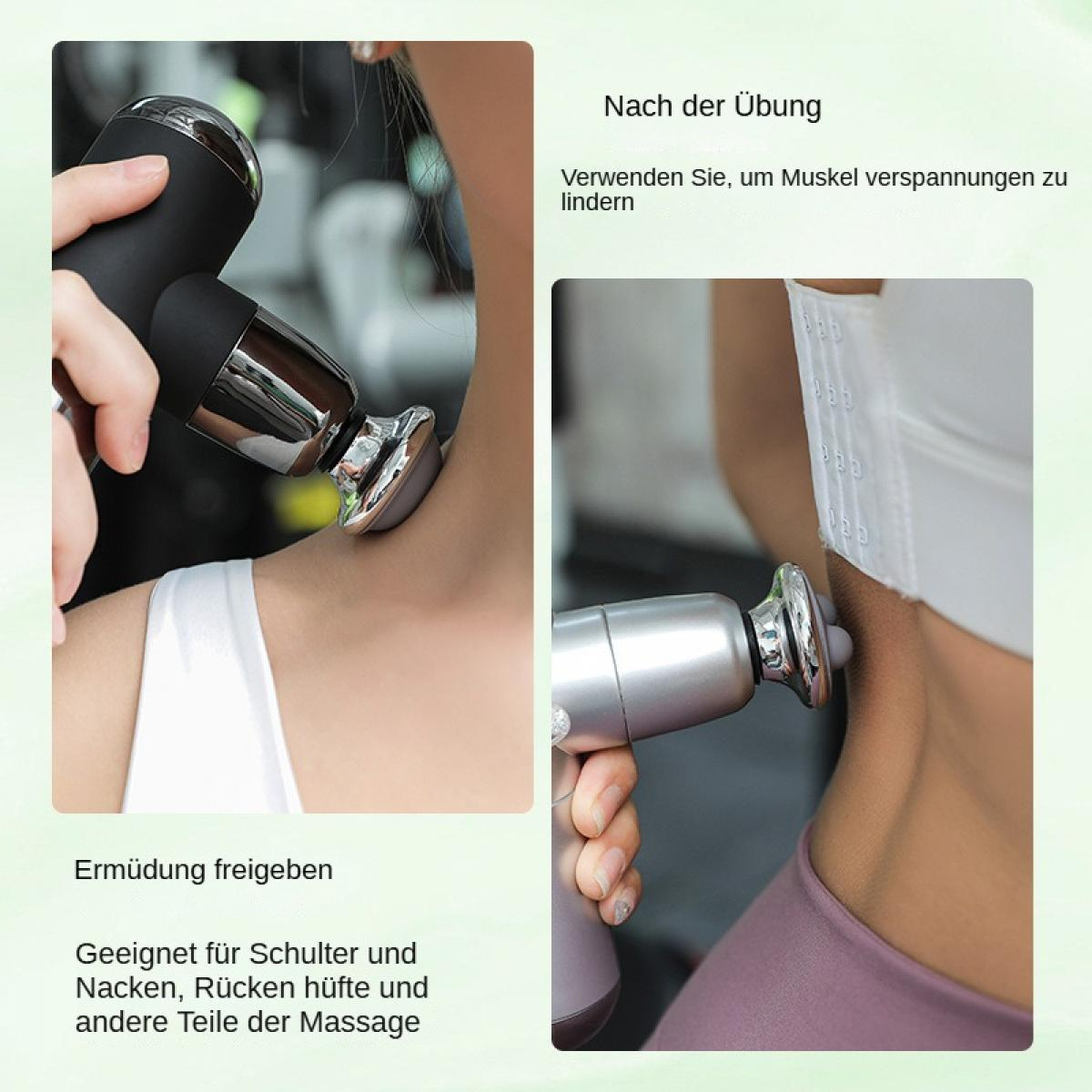 Das Bild zeigt ein Nackenmassagegerät. Eine Person benutzt es an ihrem Hals. Text erwähnt die Anwendung nach dem Training zur Muskelentspannung.
