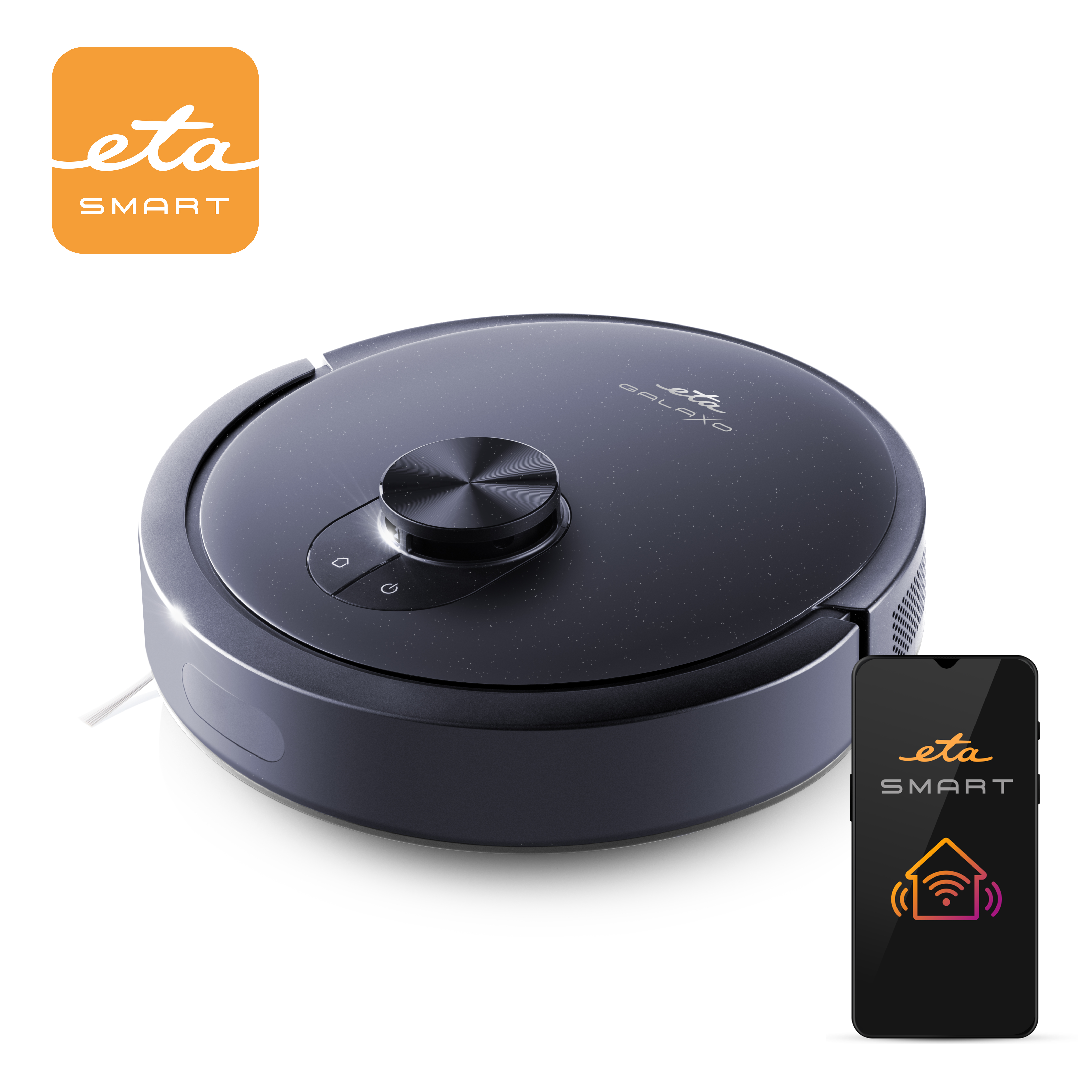 Dunkelgrauer Roboter-Staubsauger, Smartphone mit App und das ETA Smart-Logo auf weißem Hintergrund.