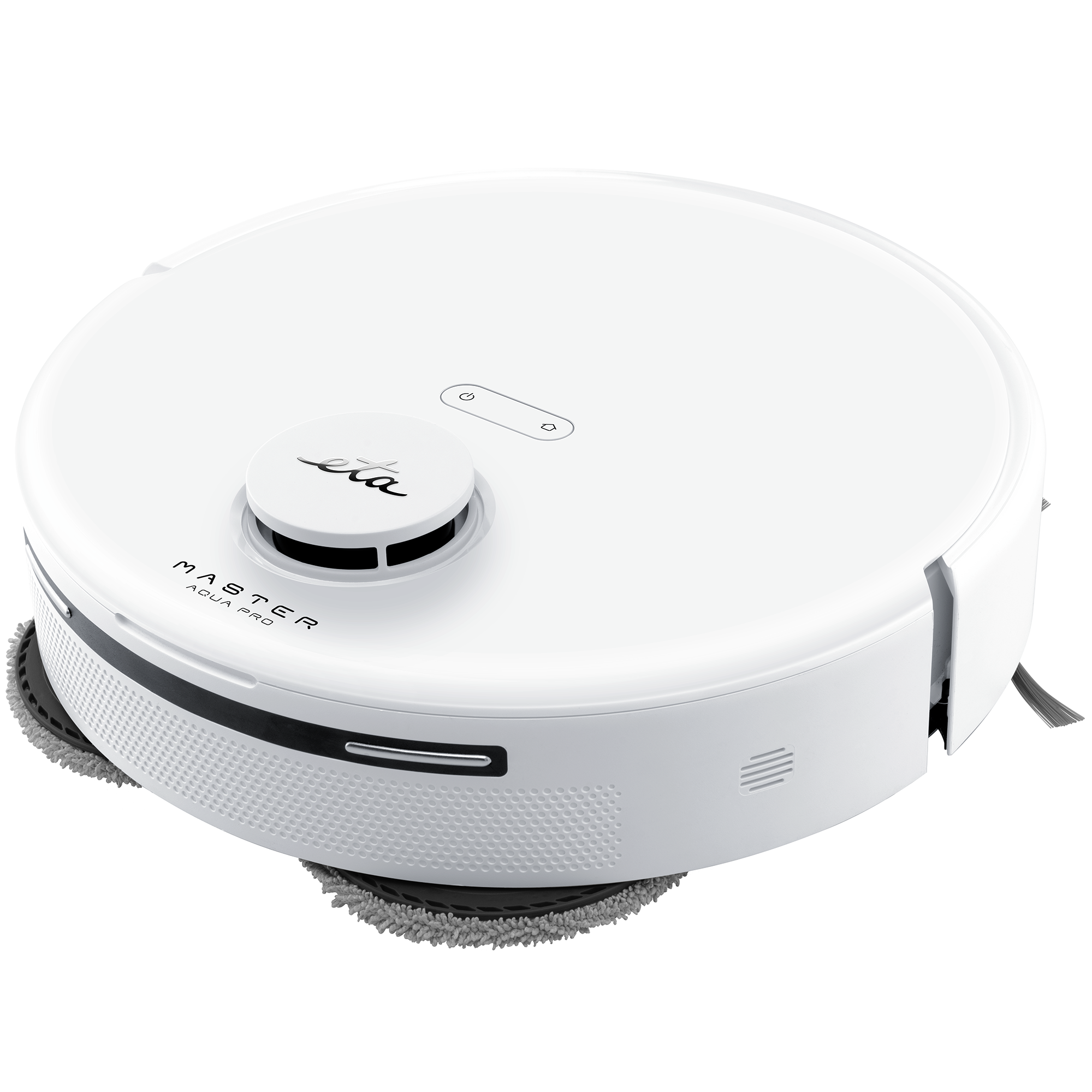 Weißer Roboter-Staubsauger. Er hat eine runde Form mit dem Markennamen oben. Der Boden hat graue Reinigungspads.