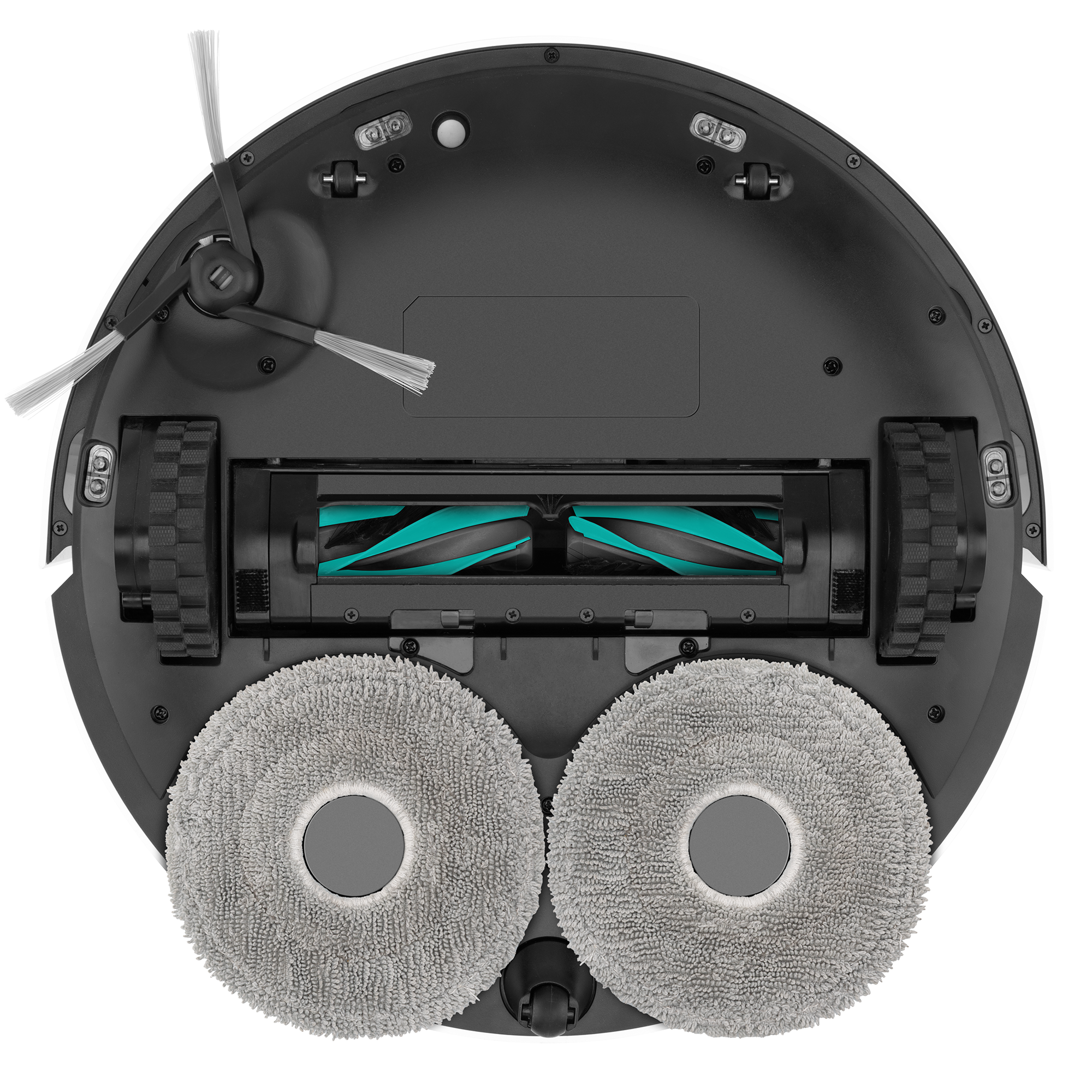 Unterseite des Roboter-Staubsaugers. Schwarzer Körper, rotierende Bürsten, Räder und Reinigungspads sind sichtbar.