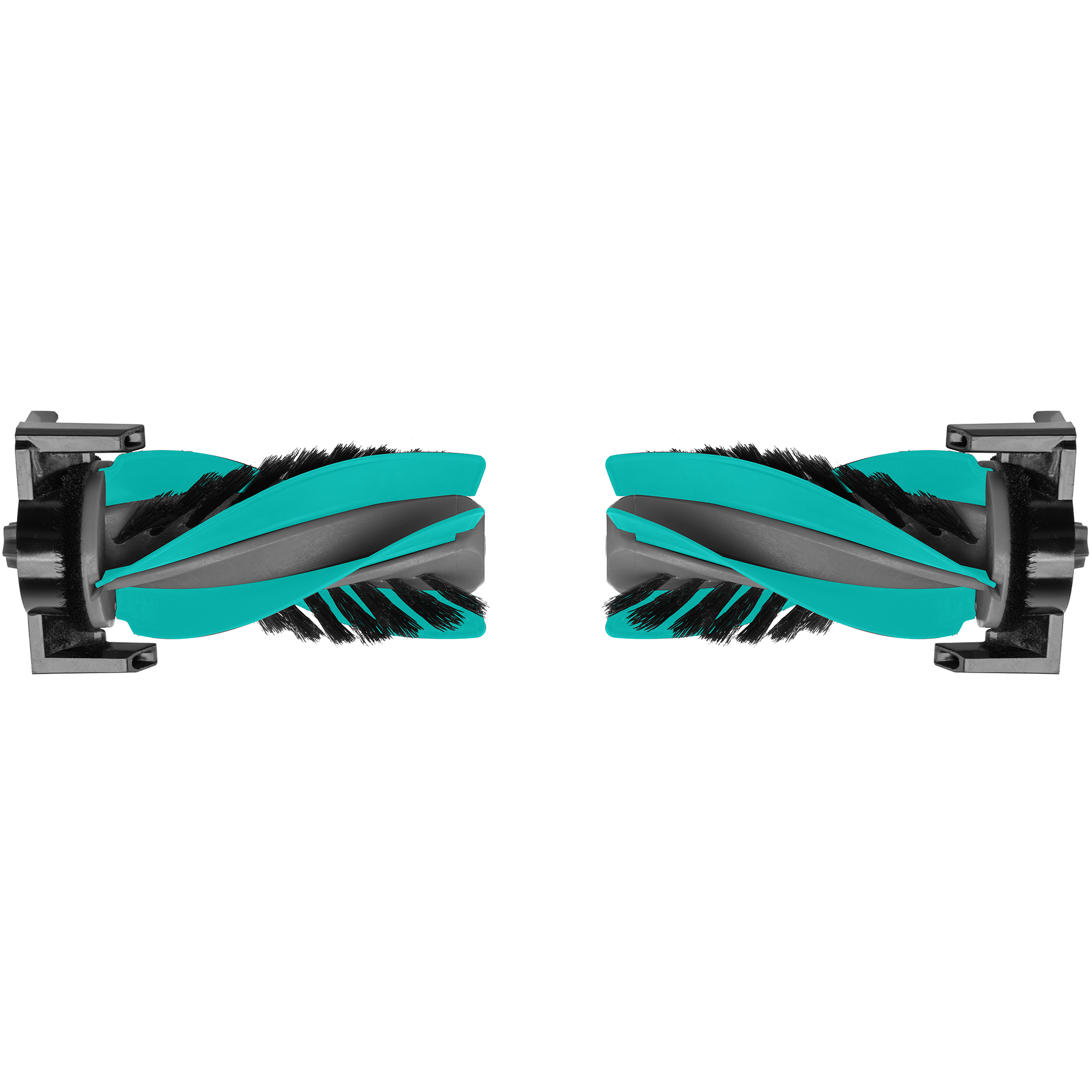 Zwei Staubsauger-Bürstenköpfe. Jeder hat teal- und schwarze Bürsten auf einer grauen Rolle mit schwarzen Endkappen.