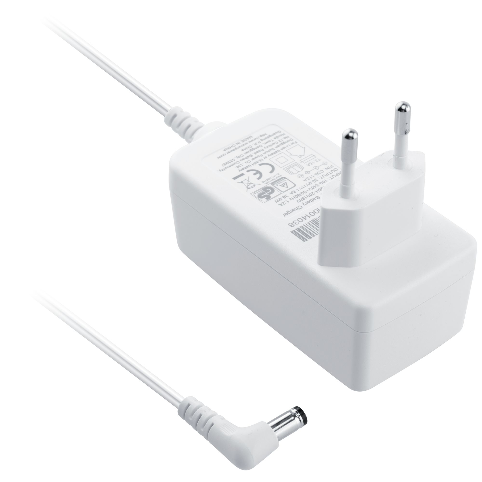 Ein weißes Batterieladegerät mit Kabel und Stecker. Das Ladegerät ist mit Spezifikationen und einem Barcode versehen.