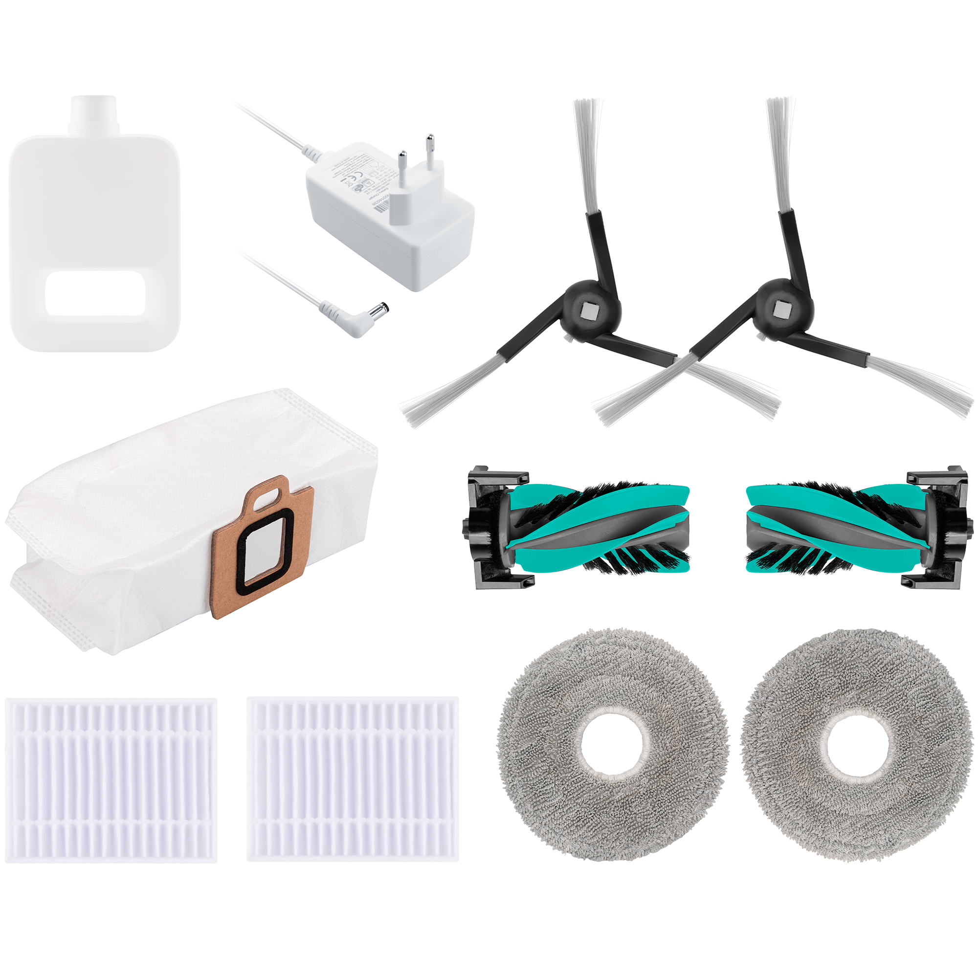 Roboter-Staubsauger-Teile: Bürsten, Wischmopps, Filter, Staubbeutel, Netzteil und Wassertank auf weißem Hintergrund.