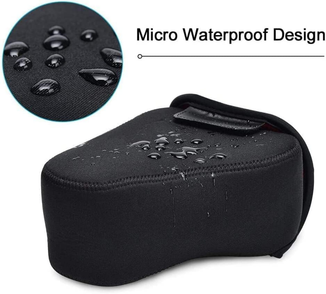 Schwarze Kamerahülle mit Wassertropfen. Ein kreisförmiger Einsatz zeigt Nahaufnahmen von Wassertropfen. Der Text lautet 'Micro Waterproof Design'.