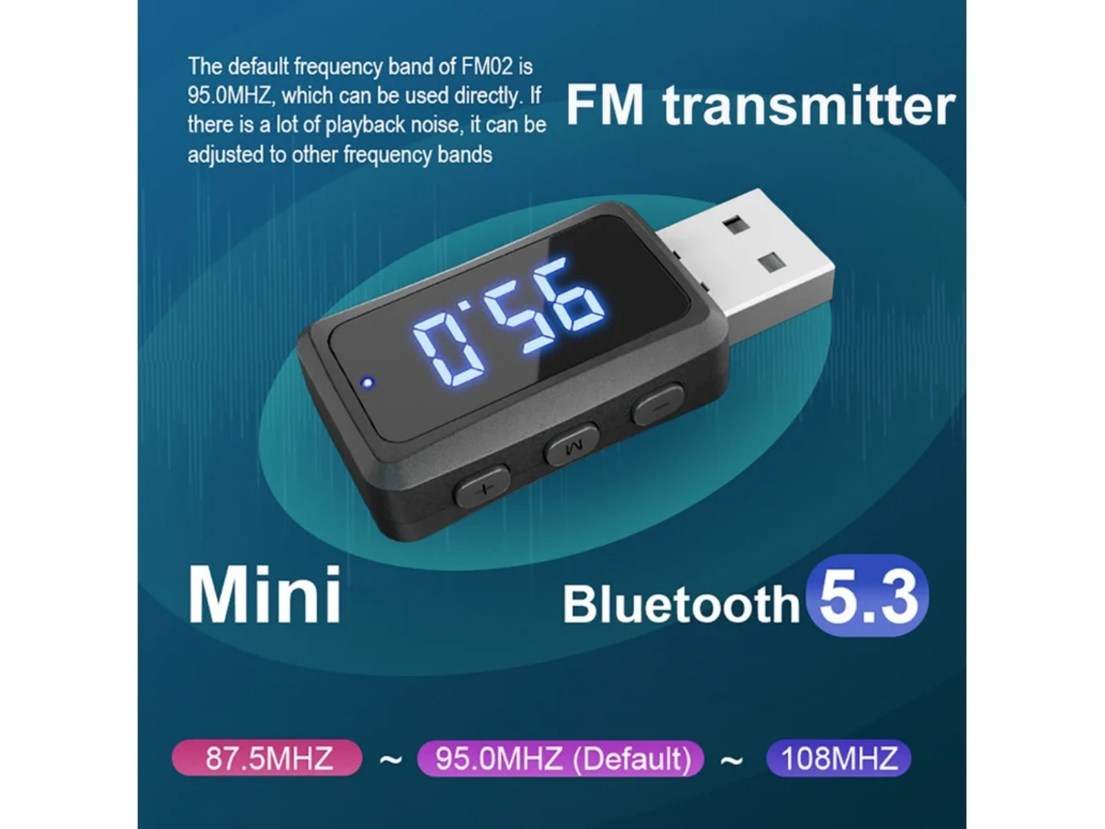 Ein Mini-FM-Transmitter mit digitaler Anzeige '0.56'. Er hat einen USB-Anschluss und Bluetooth 5.3, mit Frequenzbereichsoptionen.
