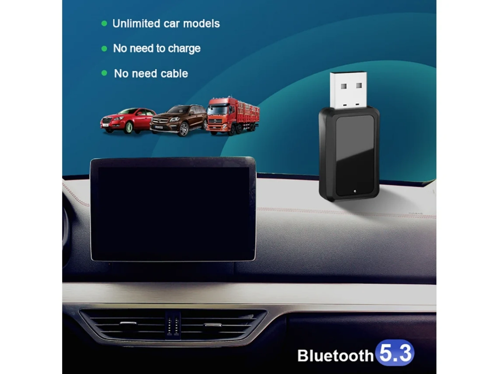 Ein USB-Bluetooth-Adapter befindet sich auf einem Armaturenbrett. Oben sind Automodelle und Text: kein Aufladen, Kabel. Bluetooth 5.3 wird angezeigt.