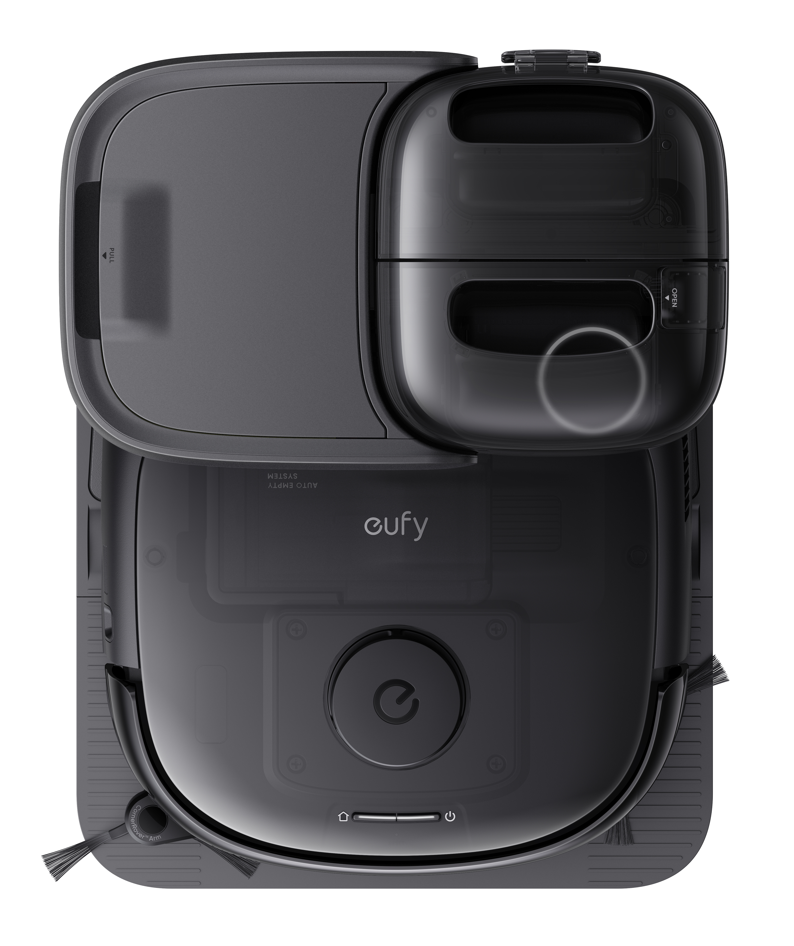 Widok z góry czarnego robota sprzątającego z pojemnikiem na kurz i stacją ładującą.