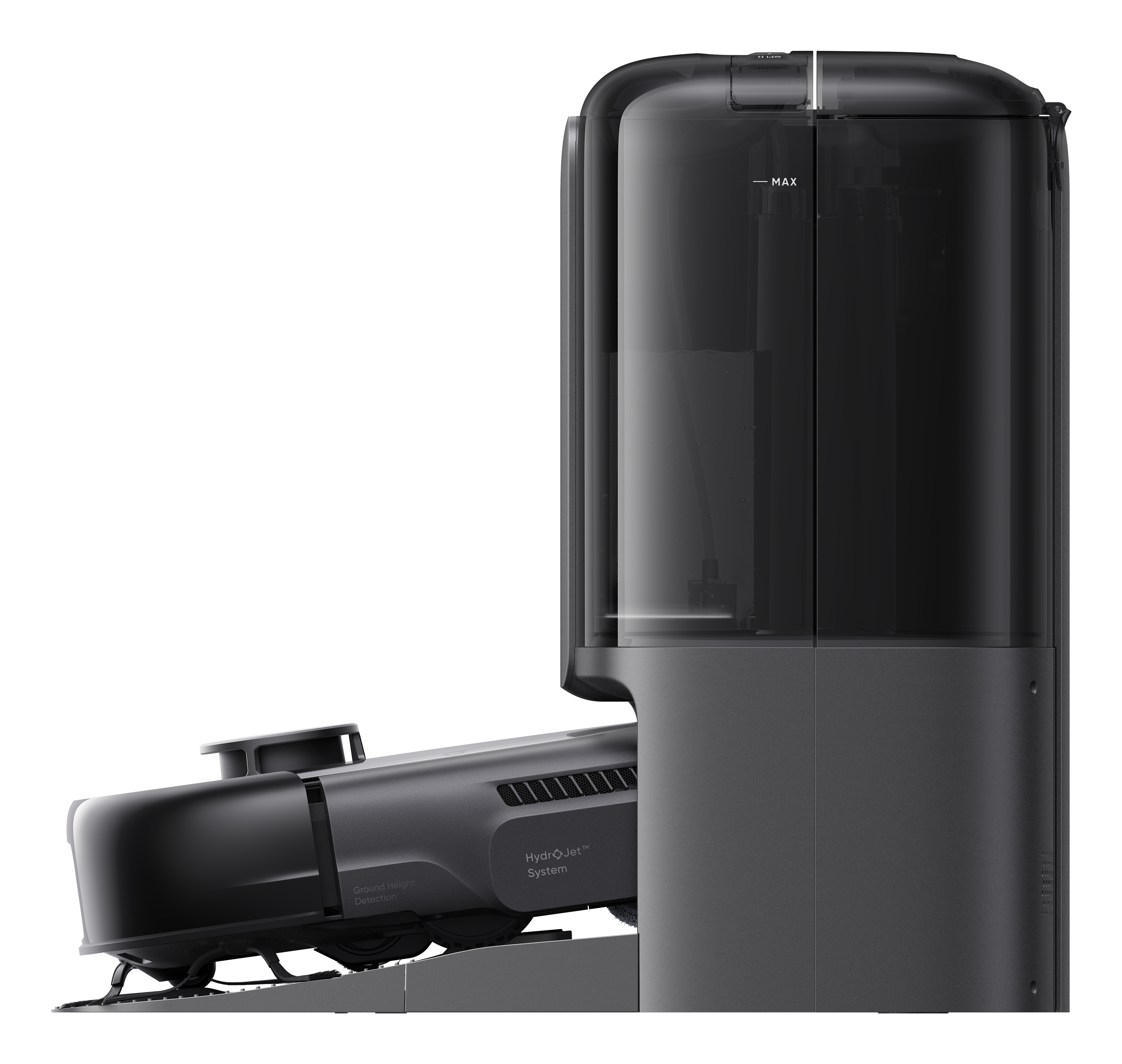Ciemnoszary robot sprzątający ze zbiornikiem na wodę. Posiada 'HydroJet System' i 'Wykrywanie wysokości nad podłożem'.