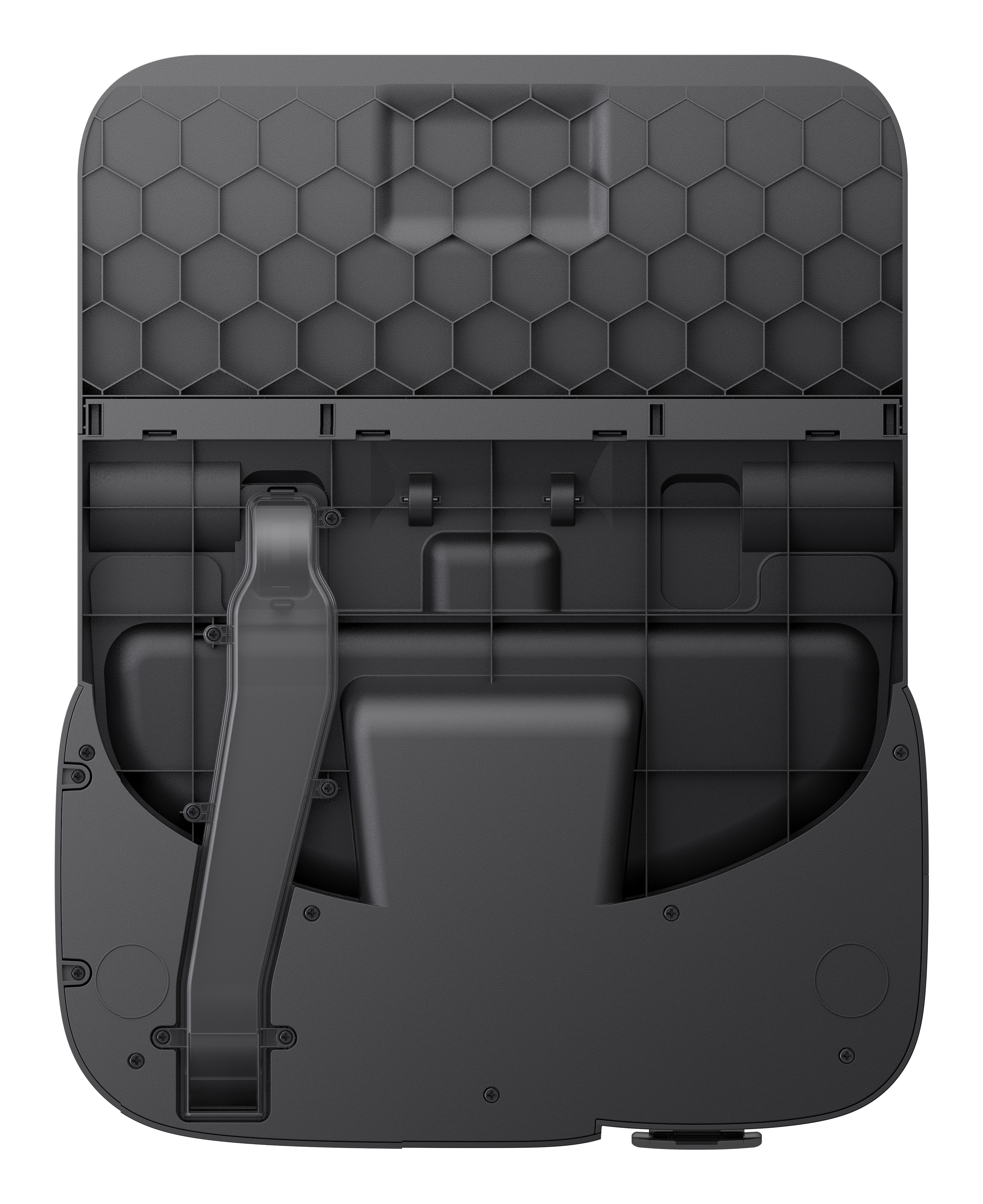 Zbliżenie czarnego urządzenia o wzorze plastra miodu, z uchwytem i kilkoma elementami.