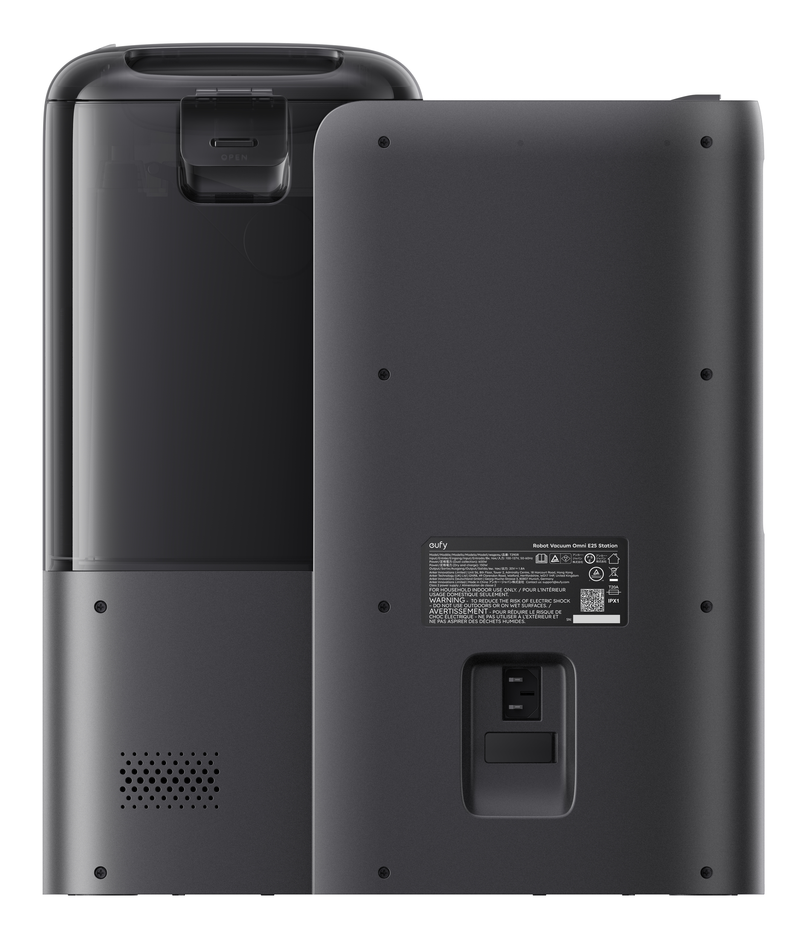 Ciemnoszara stacja odkurzacza z przezroczystą górną częścią na białym tle.