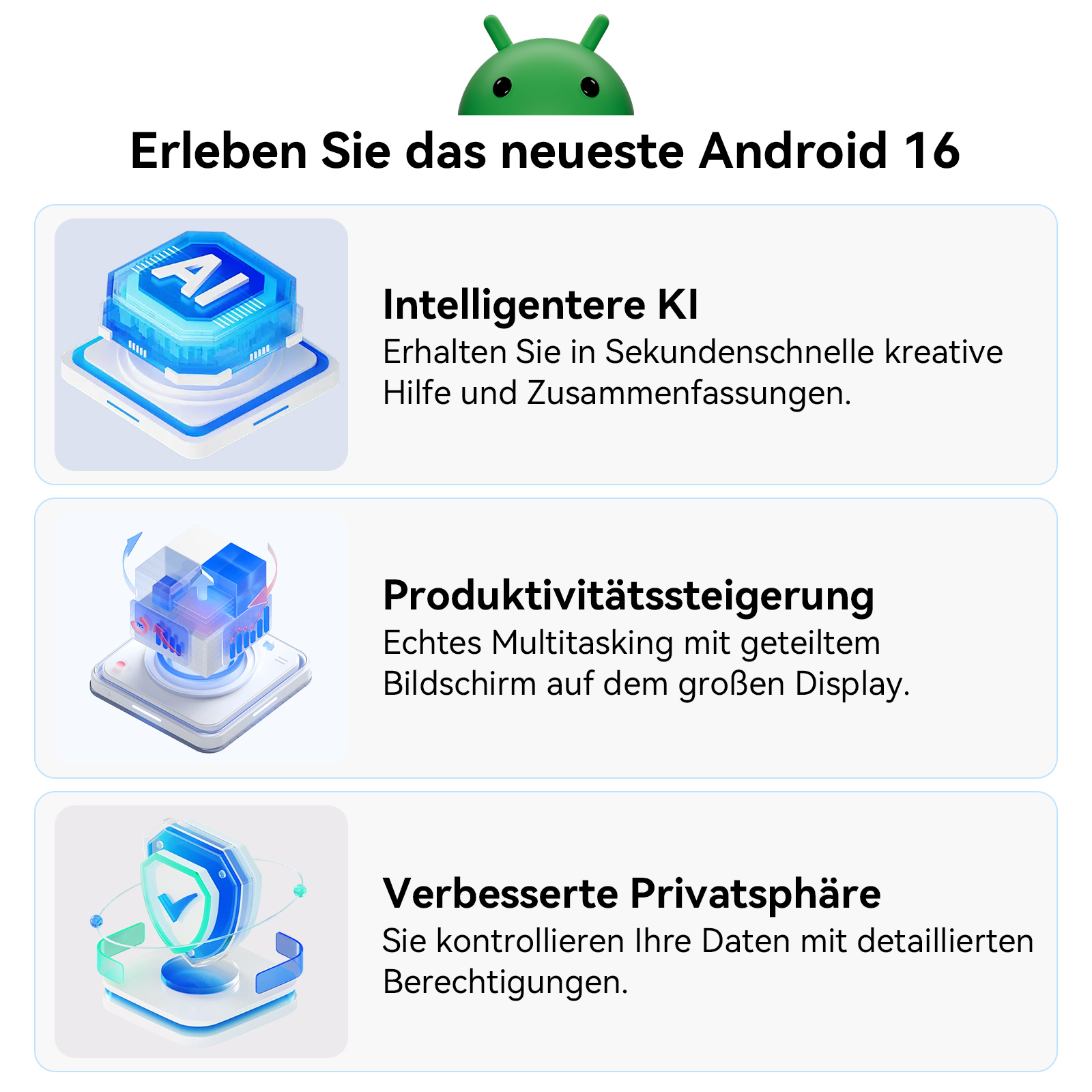 Bild mit Android-Logo, Text über Android 16-Funktionen: KI, Multitasking, Datenschutz, detaillierte Berechtigungen.