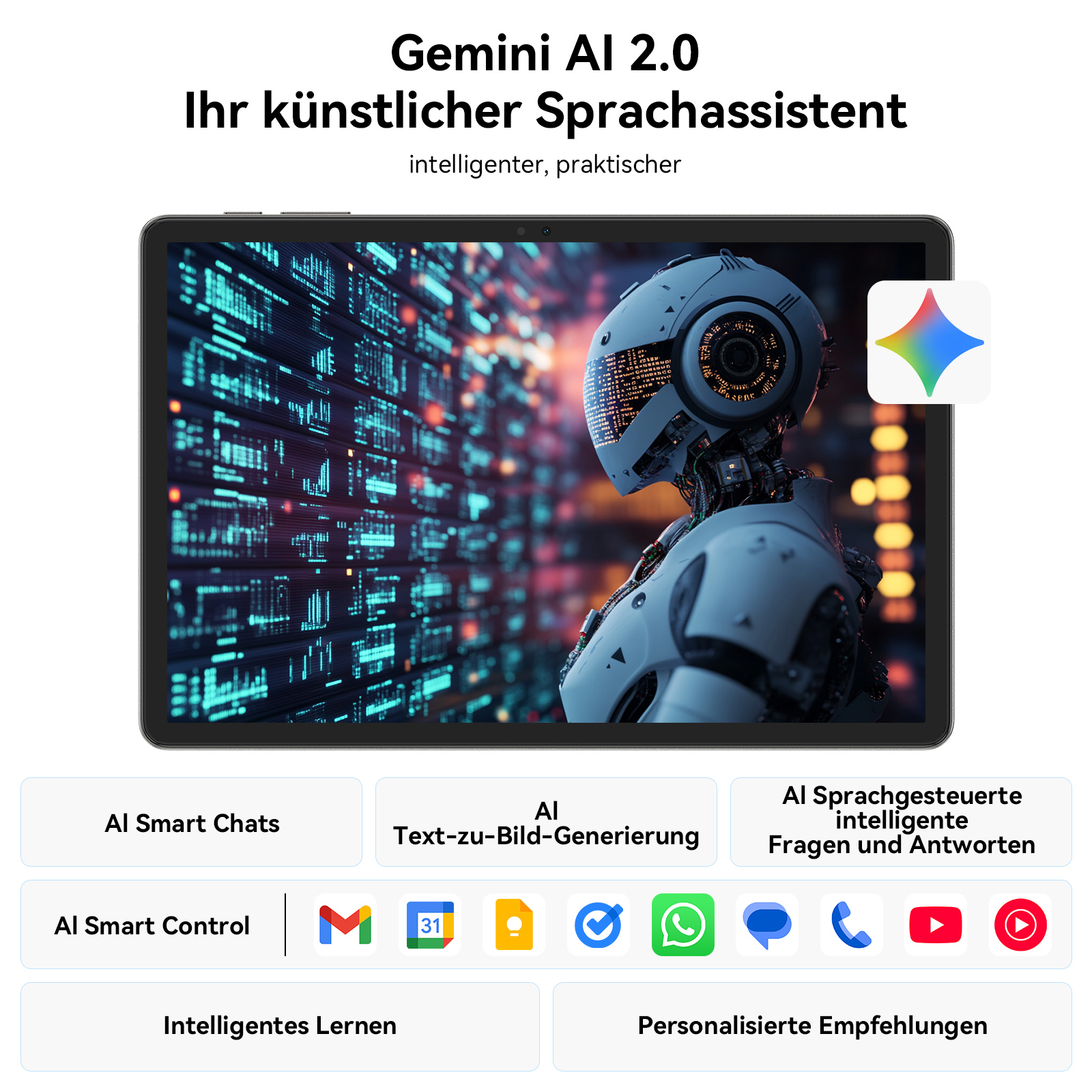 Ein Tablet zeigt einen Roboterkopf, KI-Funktionen und App-Symbole. Der Titel lautet 'Gemini AI 2.0'.