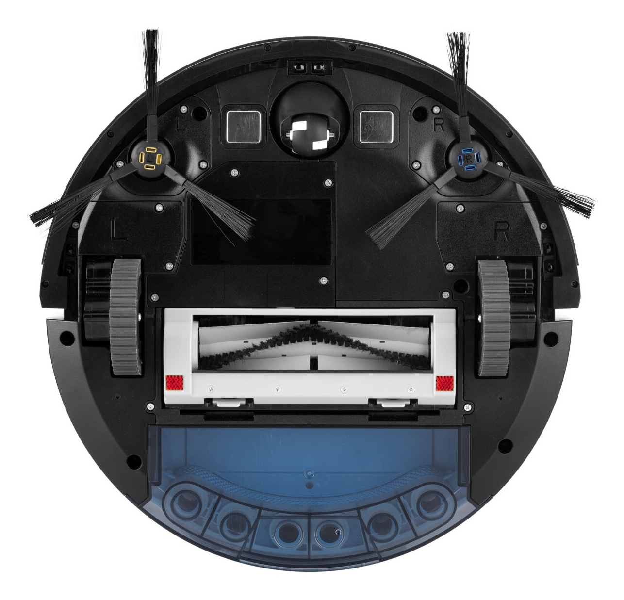 Nahaufnahme eines schwarzen Roboter-Staubsaugers. Es hat eine runde Form, Bürsten, Räder und einen blauen Wassertank.