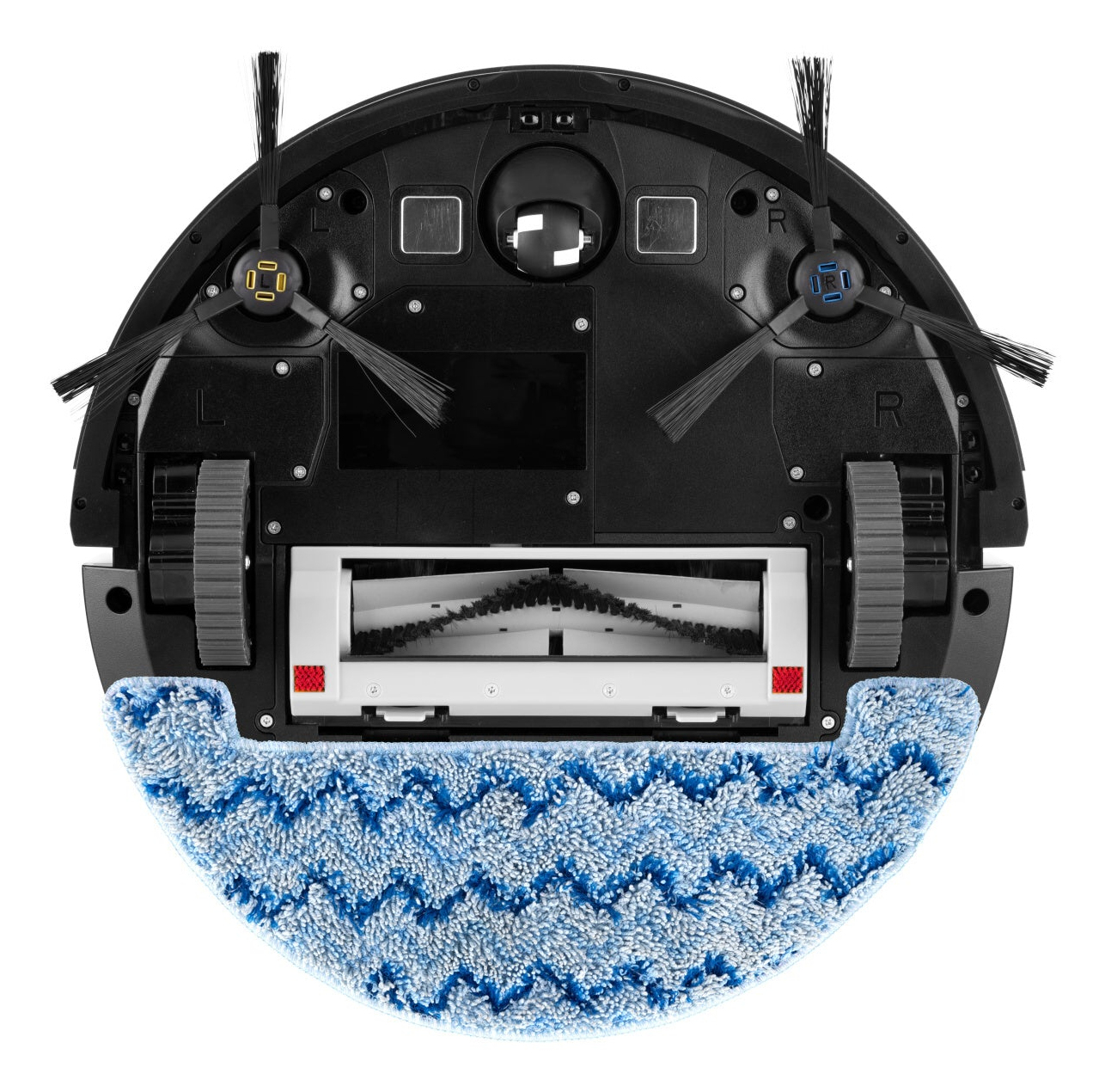 Schwarzer Roboter-Staubsauger, Unteransicht. Blau-weißes Wischpad, zwei Bürsten, Räder und eine zentrale Bürste sind sichtbar.