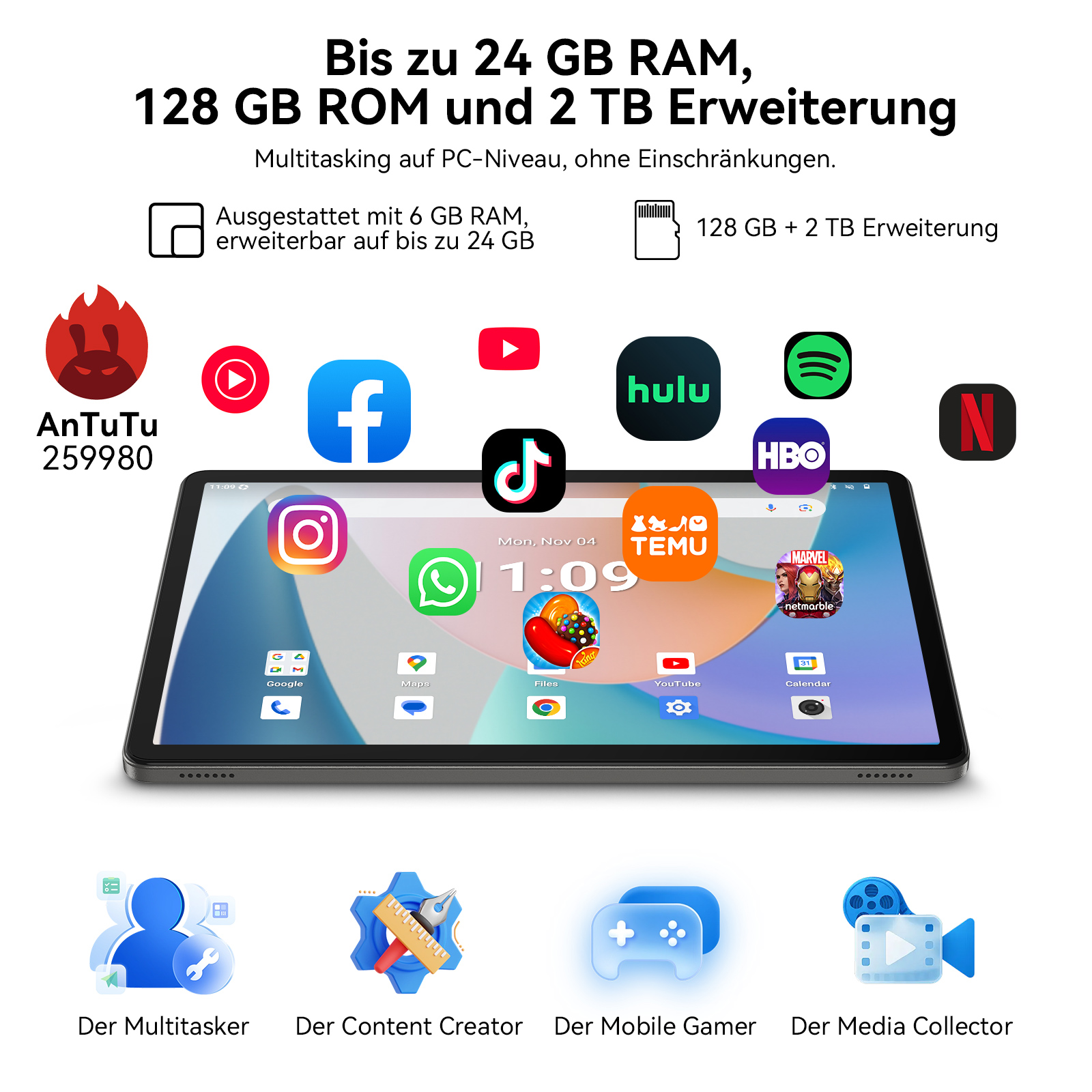 Tablet mit App-Symbolen, Text zu RAM und Speicher sowie Grafiken zu verschiedenen Benutzertypen.