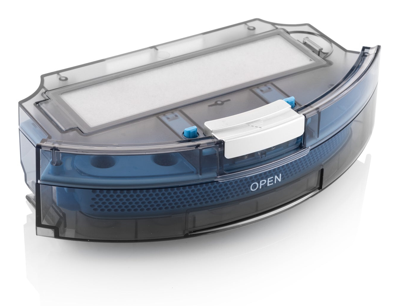 Ein durchsichtiger Staubbehälter für einen Staubsaugerroboter. Er hat einen weißen Filter, blaue und schwarze Teile und einen weißen Griff mit der Aufschrift 'OPEN'.