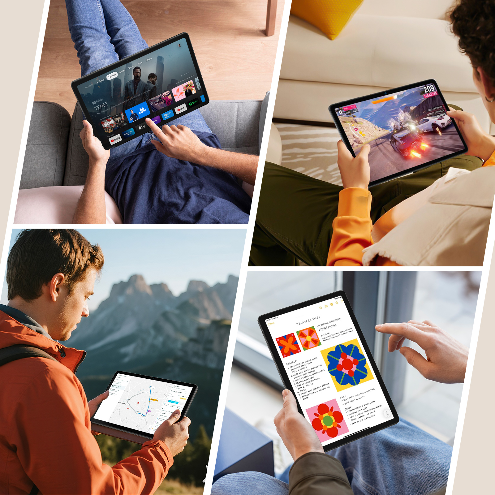 Vier Bilder zeigen Personen, die Tablets benutzen. Das erste hat eine Film-App geöffnet. Das zweite spielt ein Autospiel. Das dritte zeigt eine Karte. Das vierte hat eine Design-App.