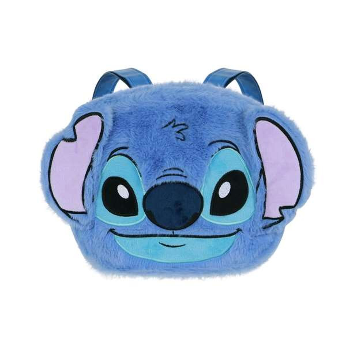 Ein blauer Stitch-Rucksack mit großen Augen und Ohren. Die Tasche hat blaue Träger und ein lächelndes Gesicht, vor weißem Hintergrund.