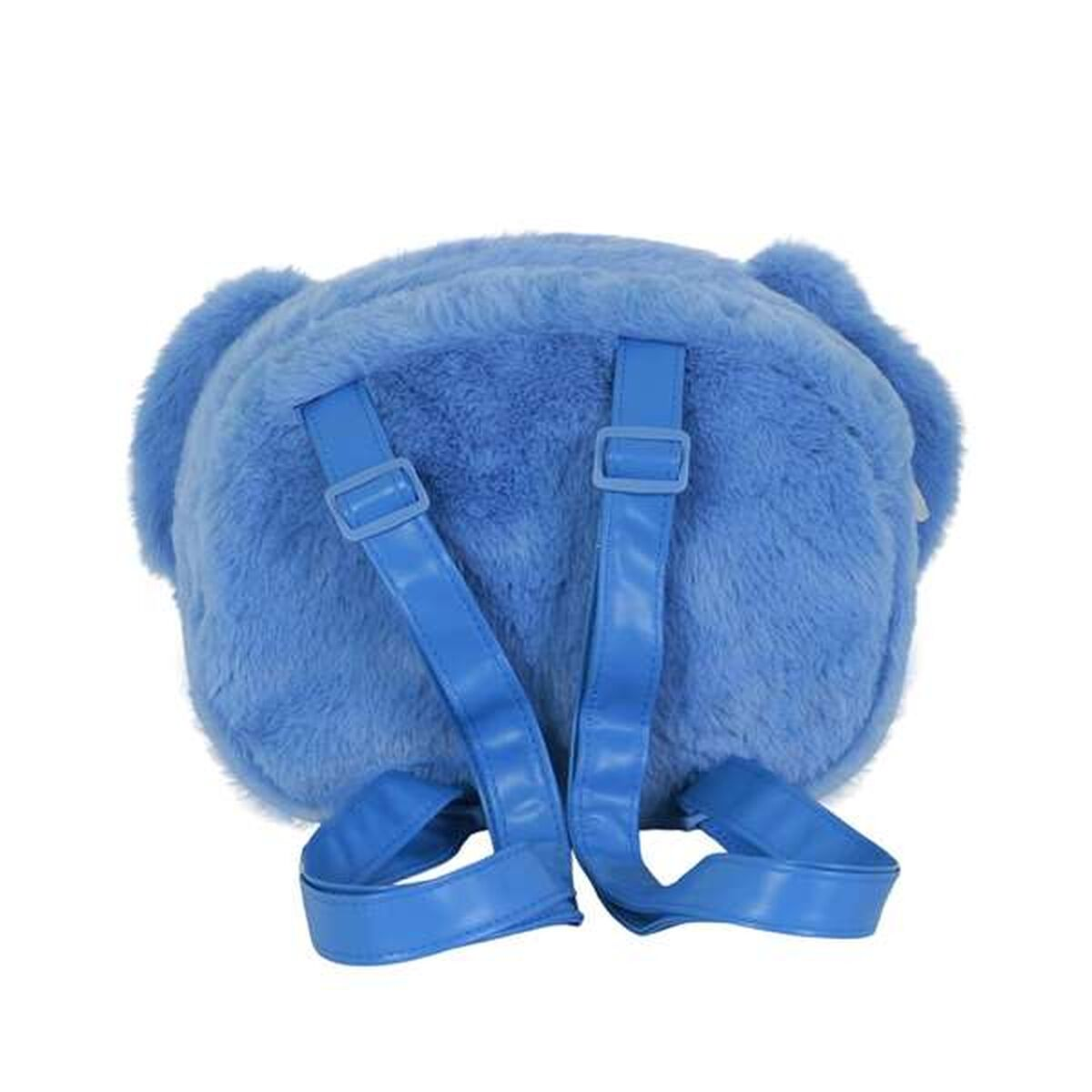 Ein flauschiger blauer Rucksack mit zwei Schultergurten. Die Träger und Schnallen sind ebenfalls blau, der Hintergrund ist weiß.