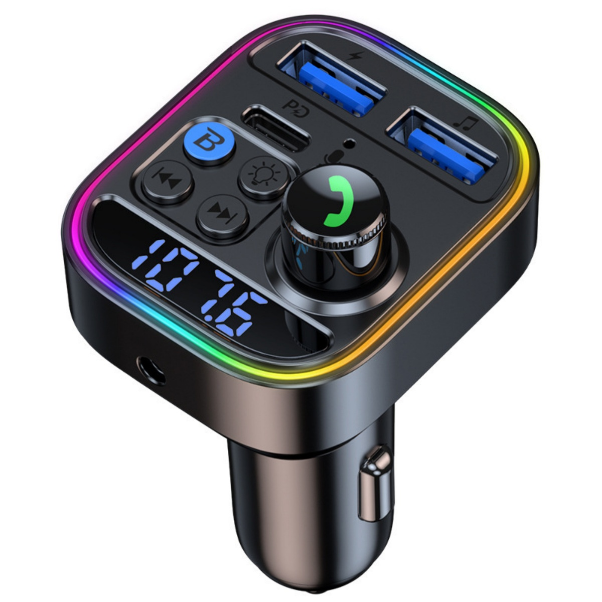 Schwarzer Auto-FM-Transmitter mit USB-Anschlüssen, Tasten und einem Drehregler. Er hat ein digitales Display und einen farbenfrohen LED-Rand.