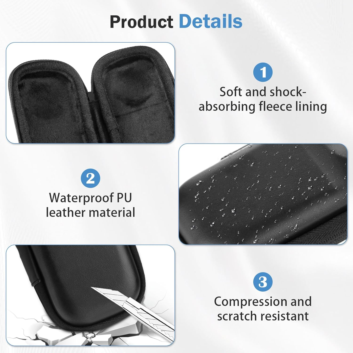 Das Bild zeigt Produktdetails: wasserdichtes Ledermaterial, weiches Fleecefutter und Druck-/Kratzfestigkeit.