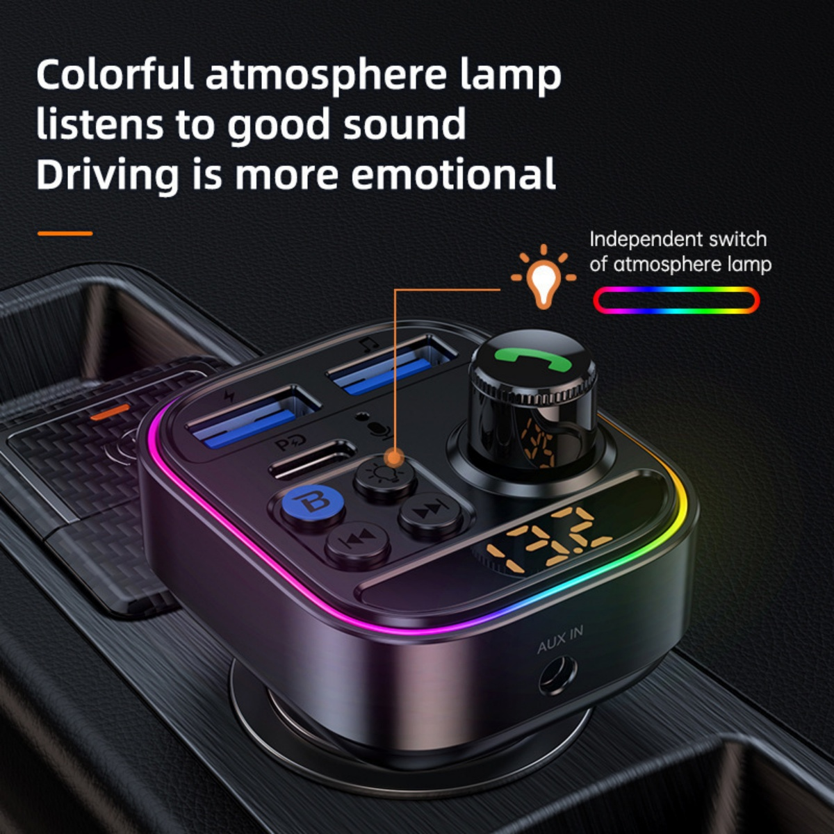 Kfz-Audiogerät mit bunten Lichtern. Es hat Knöpfe, USB-Anschlüsse und ein Digitaldisplay mit der Anzeige '73.2'. Text lautet 'Bunte Atmosphäre Lampe'.