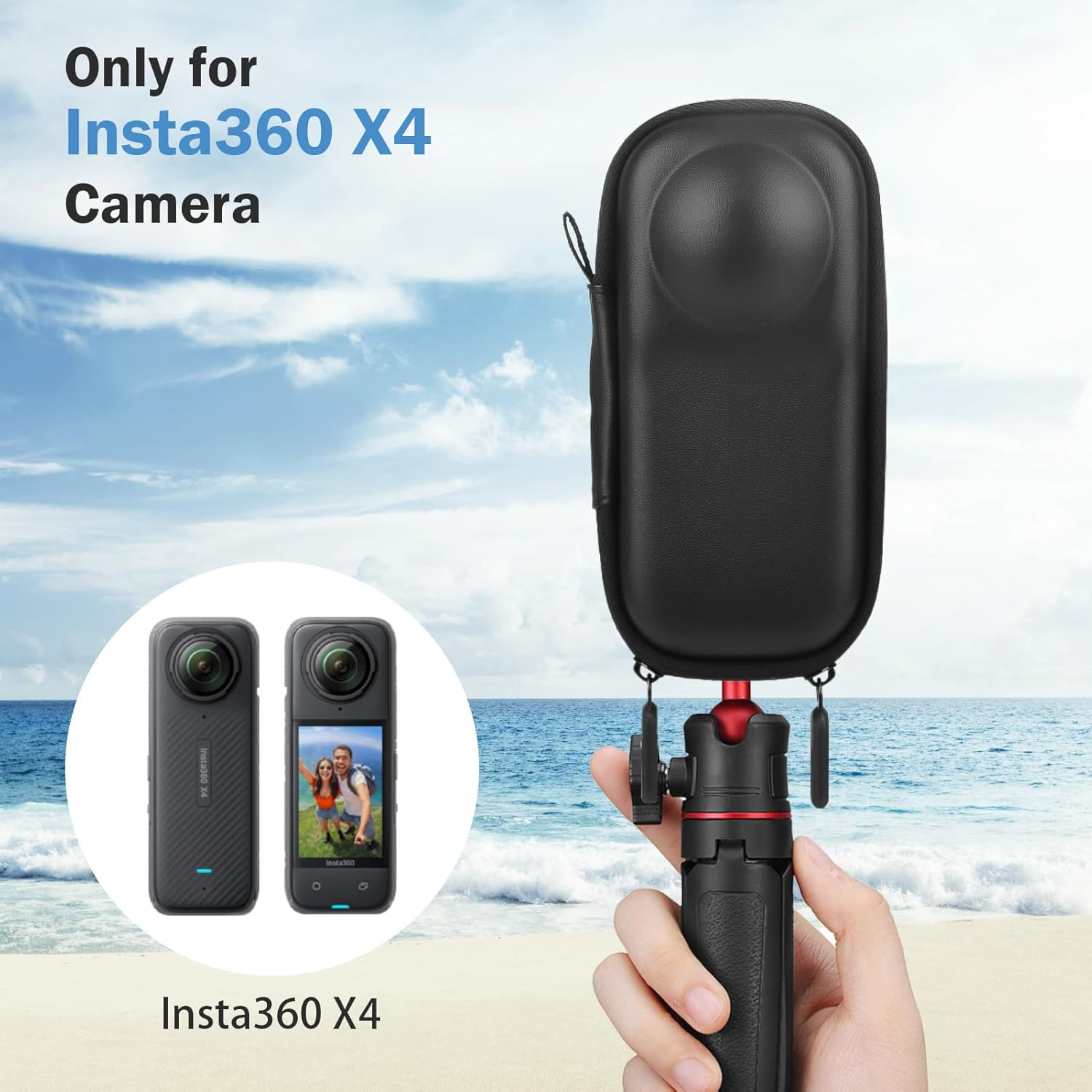 Das Bild zeigt eine Insta360 X4 Kamera und Zubehör. Eine Person hält eine Hülle und ein Stativ. Der Hintergrund ist Strand und Himmel.
