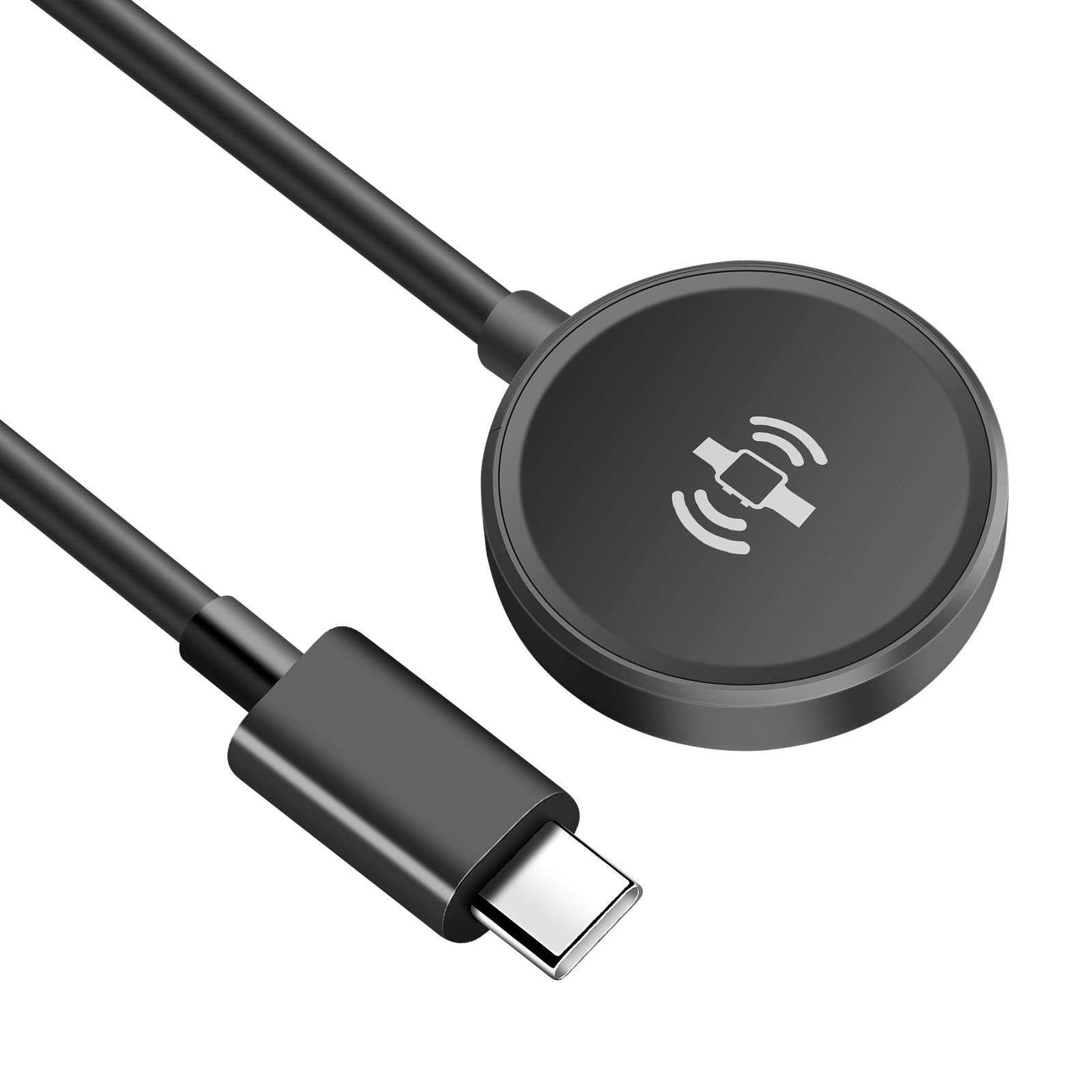 Un caricatore wireless nero per smartwatch, con cavo USB-C e simbolo di ricarica.