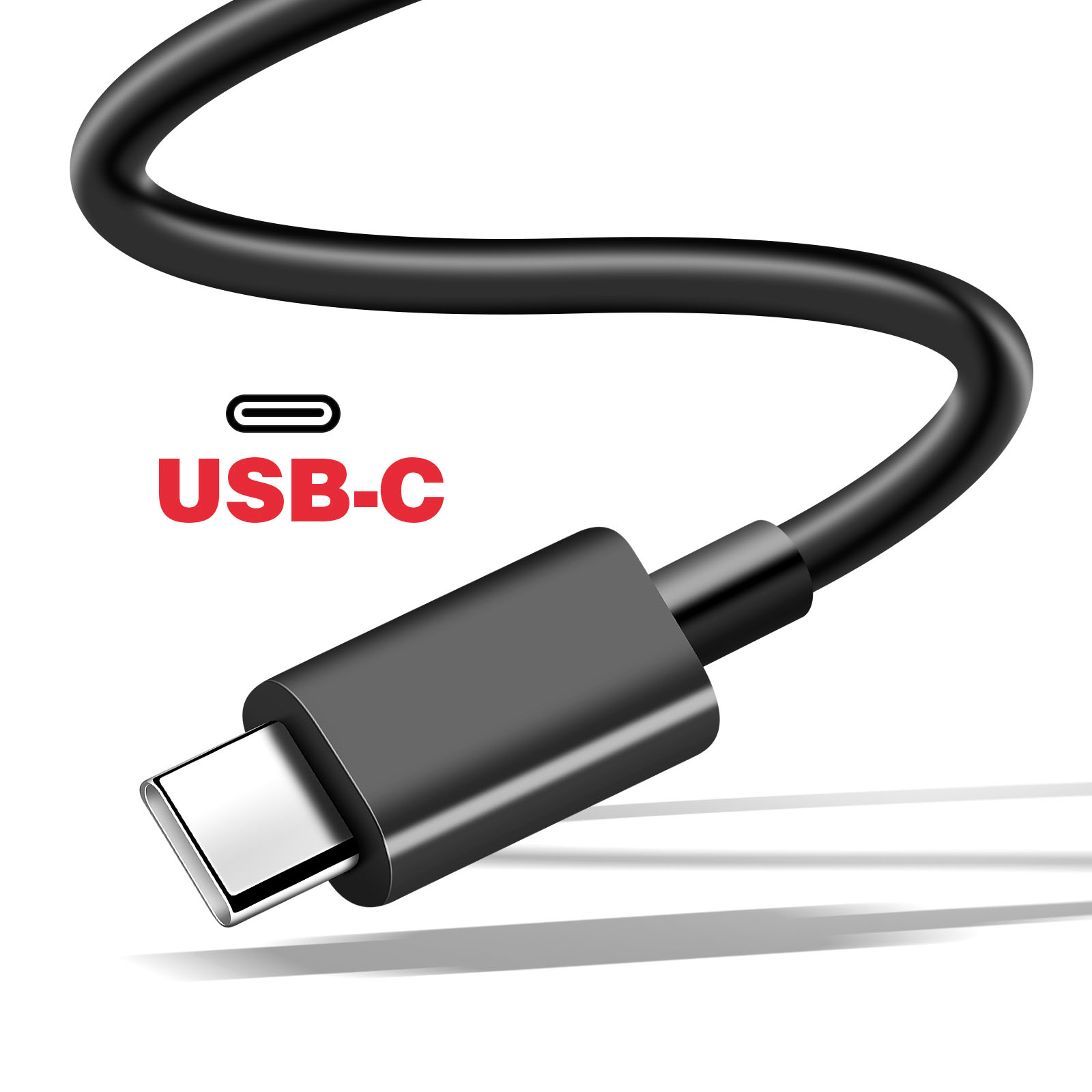 Un cavo USB-C nero con il logo e il testo USB-C in rosso. Il cavo è su sfondo bianco.