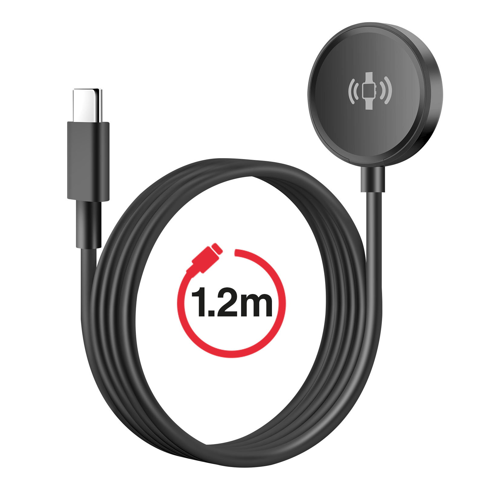 Un cavo di ricarica nero con connettore USB-C. Ha un pad di ricarica rotondo e un cerchio rosso da 1,2 m.