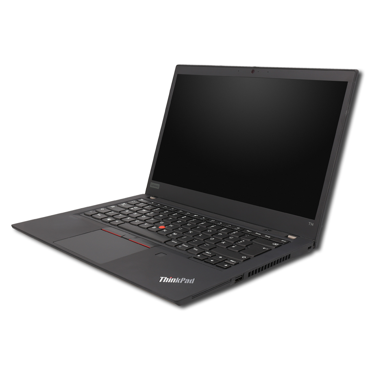 Ein schwarzes ThinkPad-Laptop liegt auf einer weißen Oberfläche. Der Bildschirm ist geöffnet und schwarz. Die Tastatur ist sichtbar.