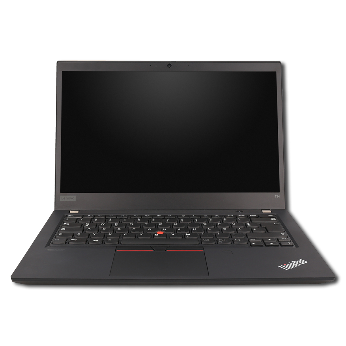 Ein schwarzes Lenovo ThinkPad T14 Laptop ist geöffnet dargestellt. Der Bildschirm ist dunkel, die Tastatur sichtbar und das ThinkPad-Logo vorhanden.