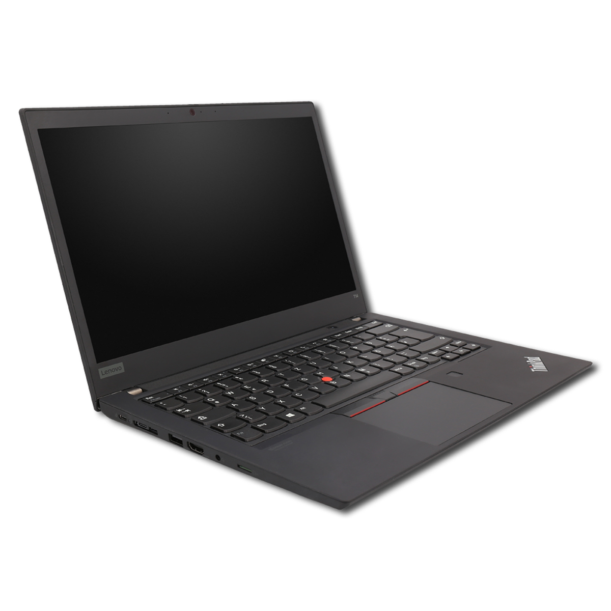 Schwarzer Lenovo ThinkPad Laptop. Geöffnet, Tastatur, Touchpad und Bildschirm sichtbar. Weißer Hintergrund.