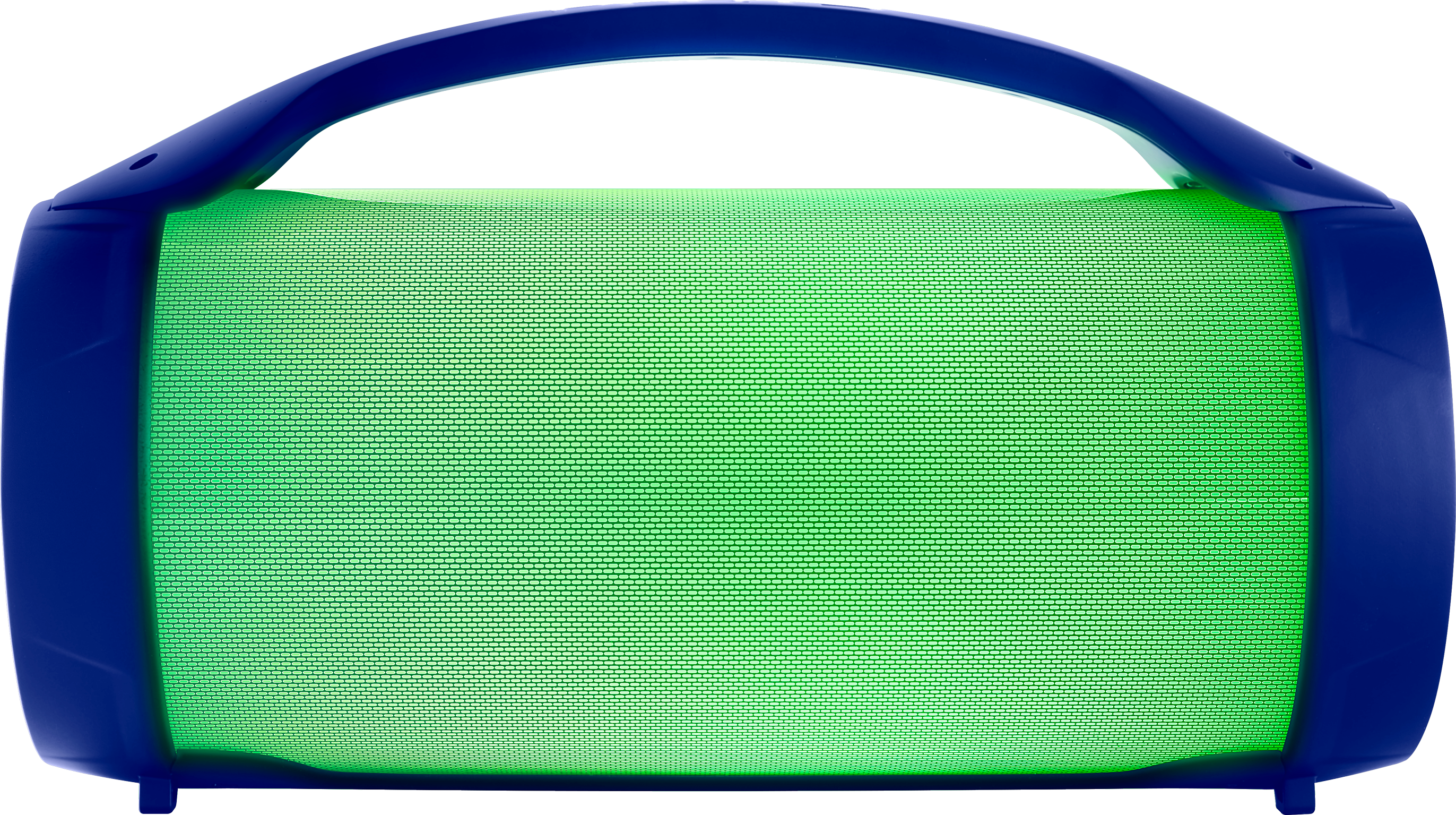 Ein blau-grüner Lautsprecher. Der Griff und die Kanten sind blau, die Mitte ist ein grünes Netz. Er steht vor einem schwarzen Hintergrund.