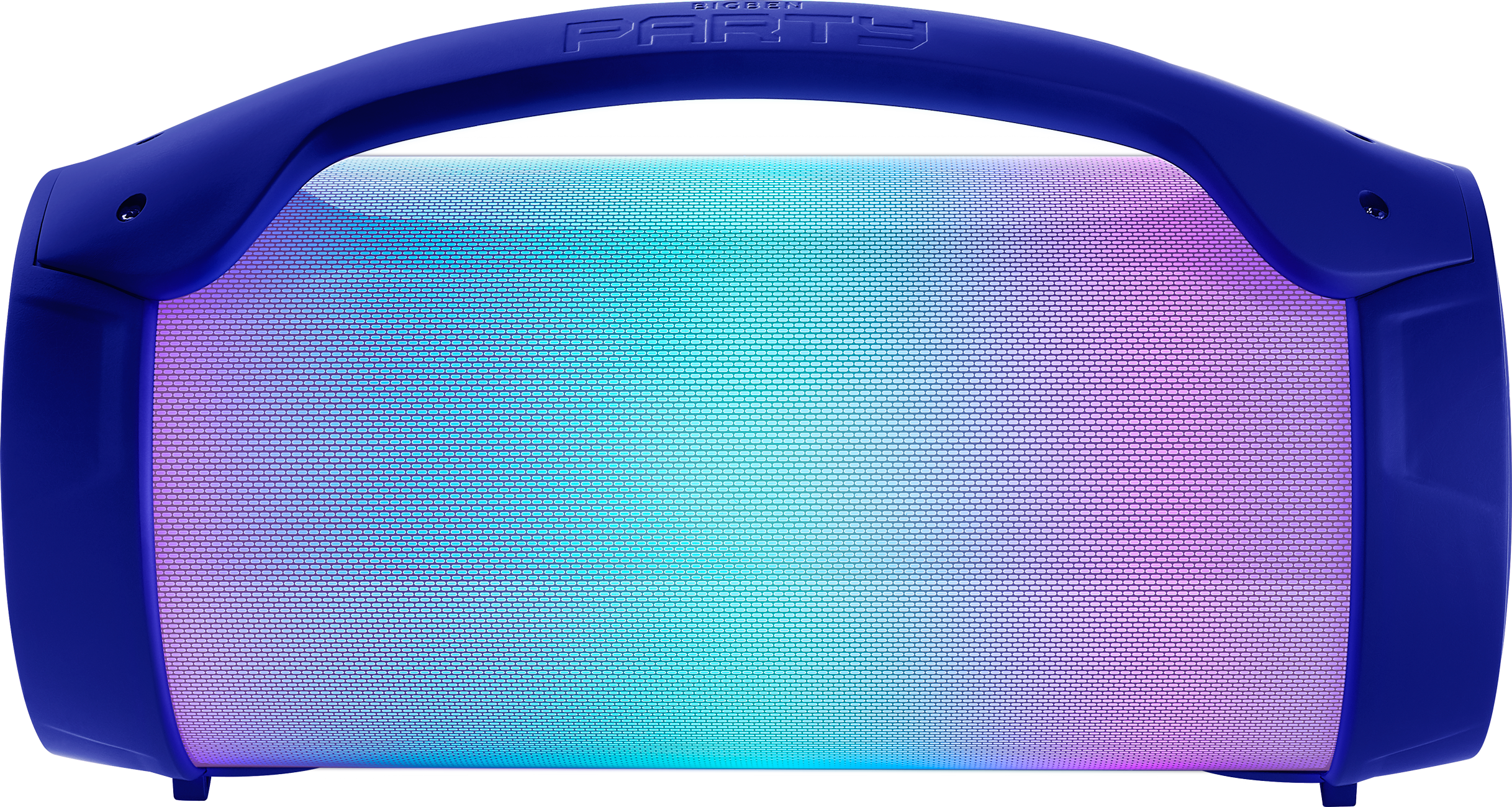 Ein blauer Lautsprecher mit Griff. Der Lautsprecher hat eine Mesh-Front mit Farbverlauf. Der Hintergrund ist rosa.