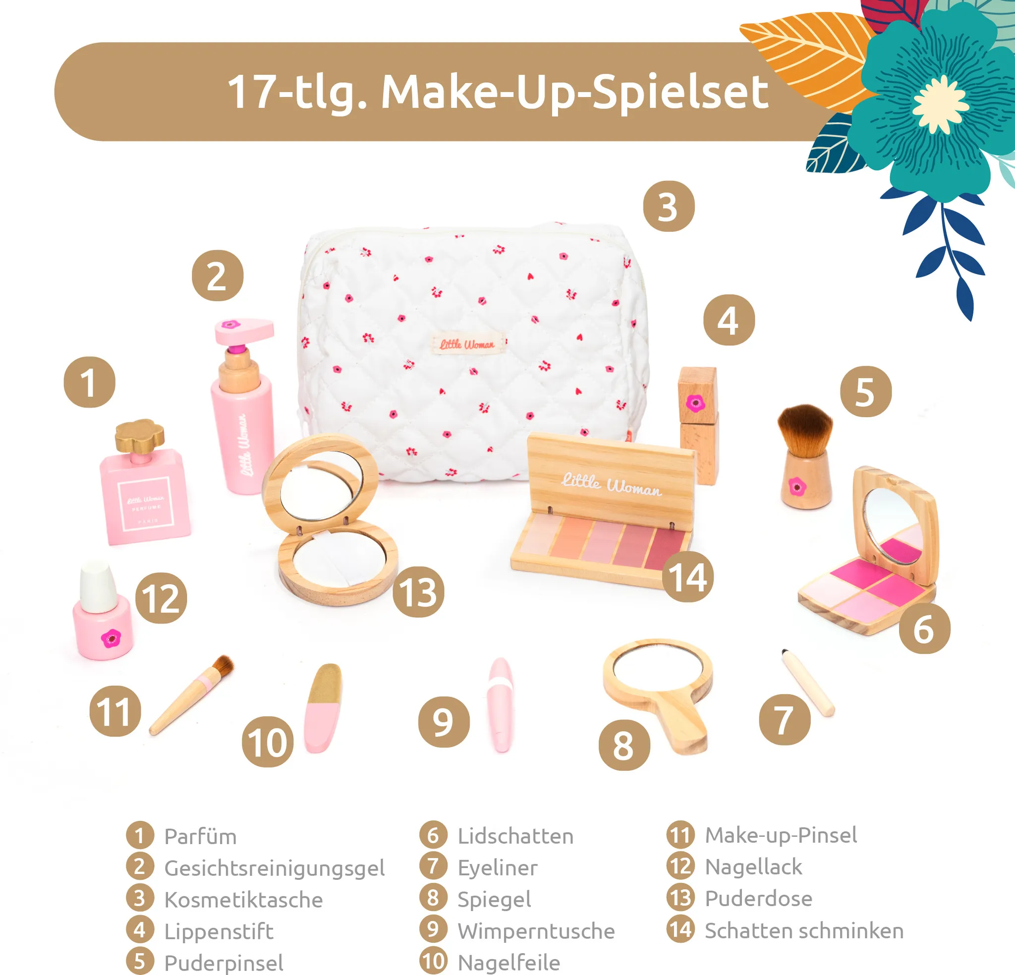 Ein Make-up-Spielset mit verschiedenen Artikeln, darunter eine Tasche, Parfüm, Pinsel und Make-up. Der Hintergrund ist weiß.