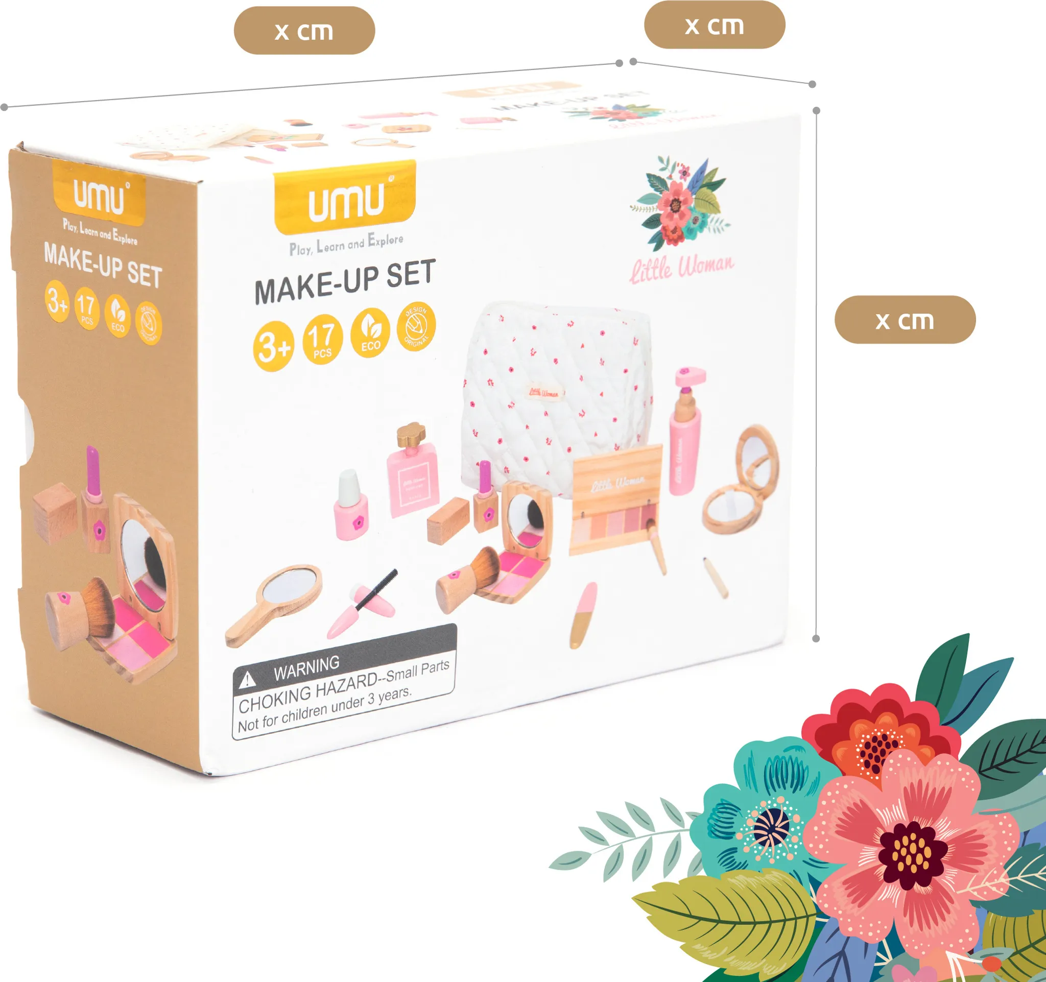 Eine Make-up-Set-Box mit verschiedenen Make-up-Artikeln, darunter ein Spiegel, Lippenstift und Pinsel. Ein Blumendesign ist in der Ecke.