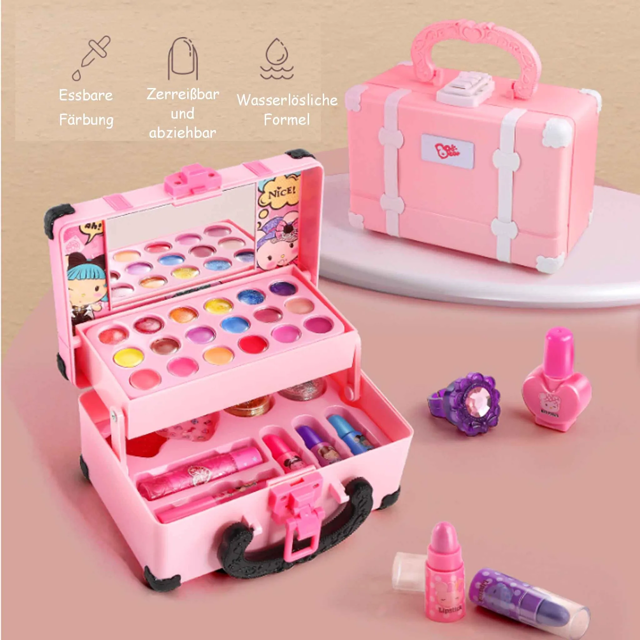 Rosa Spielzeug-Make-up-Set mit Koffer, Nagellack, Ring und Lippenstift. Enthält Lidschatten, Lippenstifte und einen Spiegel.