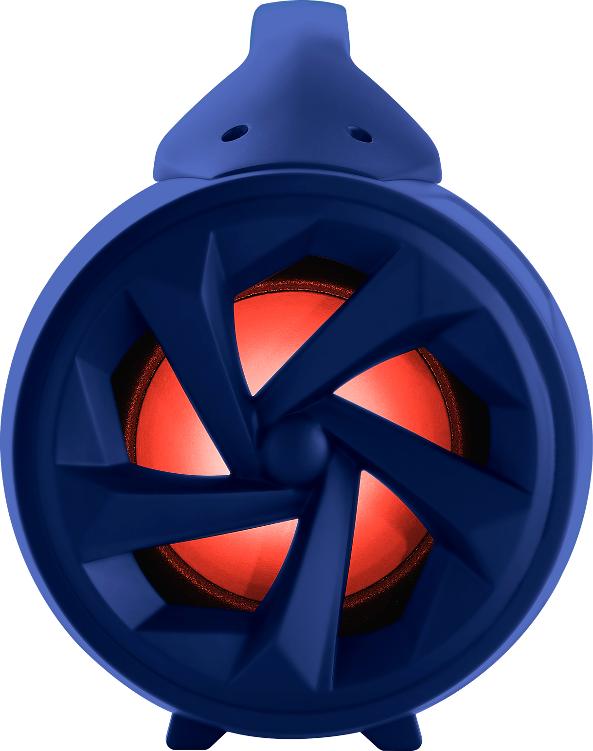 Ein blauer Lautsprecher mit kreisförmigem Design. Er hat eine rot leuchtende Mitte und einen lila Hintergrund.