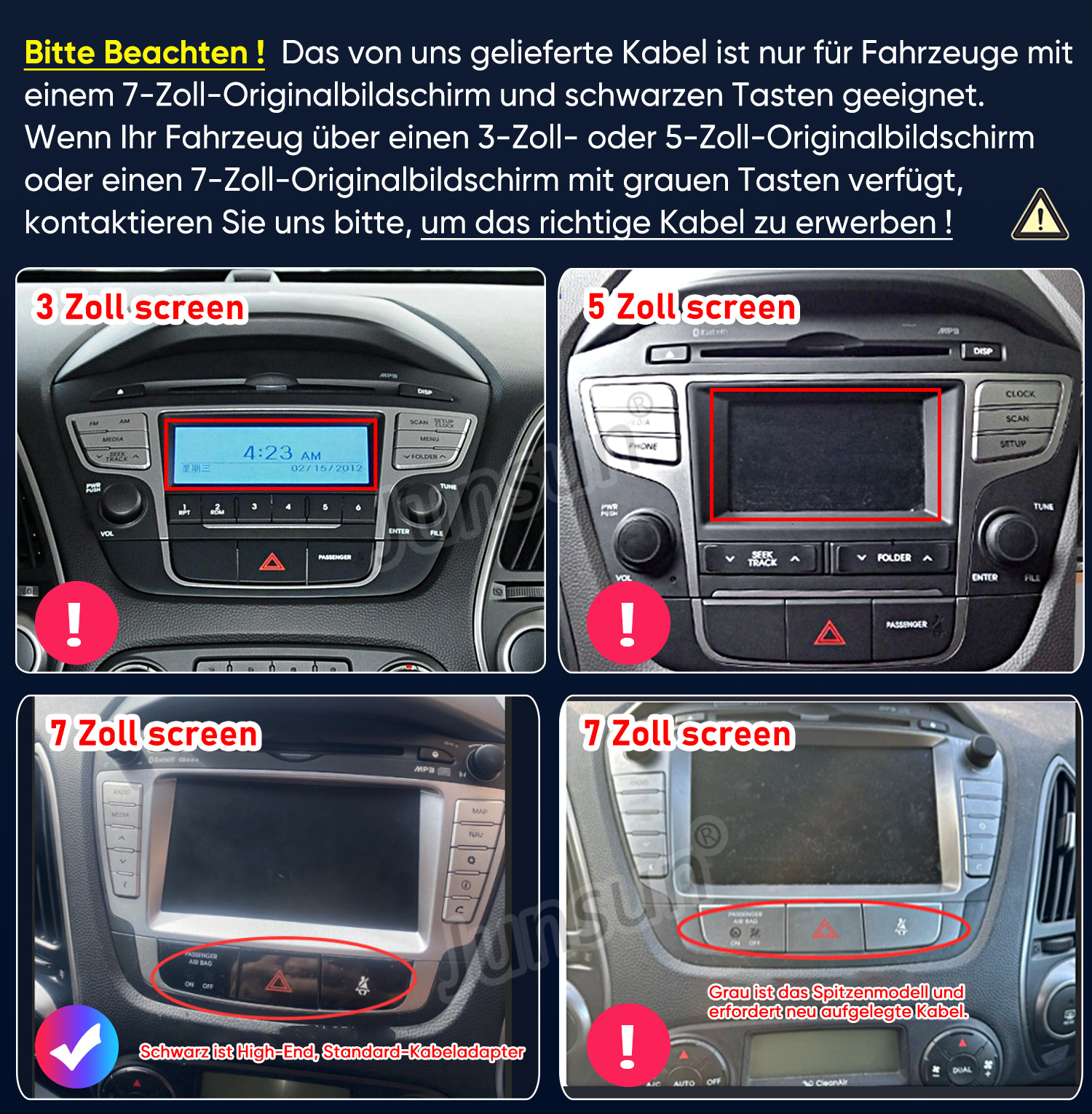 Das Bild zeigt Auto-Bildschirme mit Größenangaben und Warnhinweisen. Text erklärt die Kabelkompatibilität basierend auf Bildschirmgröße und Tastenfarben.