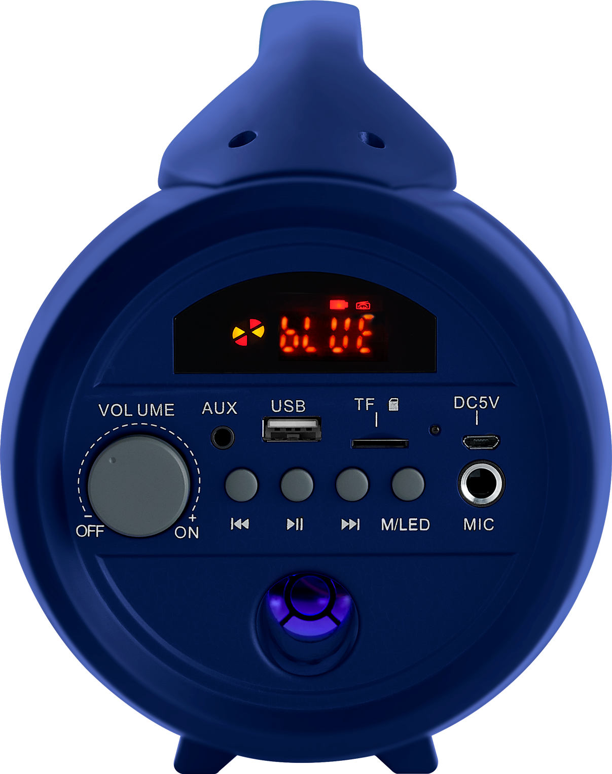 Dunkelblauer Lautsprecher mit Knöpfen und einem Bildschirm mit der Anzeige 'BLUE'. Lautstärkeregler, Aux-, USB-, TF-, DC5V-, M/LED- und Mikrofonanschlüsse.