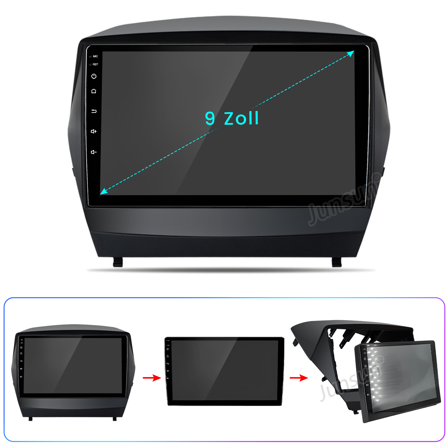 Ein Auto-Multimedia-System mit einem 9-Zoll-Bildschirm. Anzeige und Tasten sind sichtbar. Das System ist schwarz, mit blauem Umriss.
