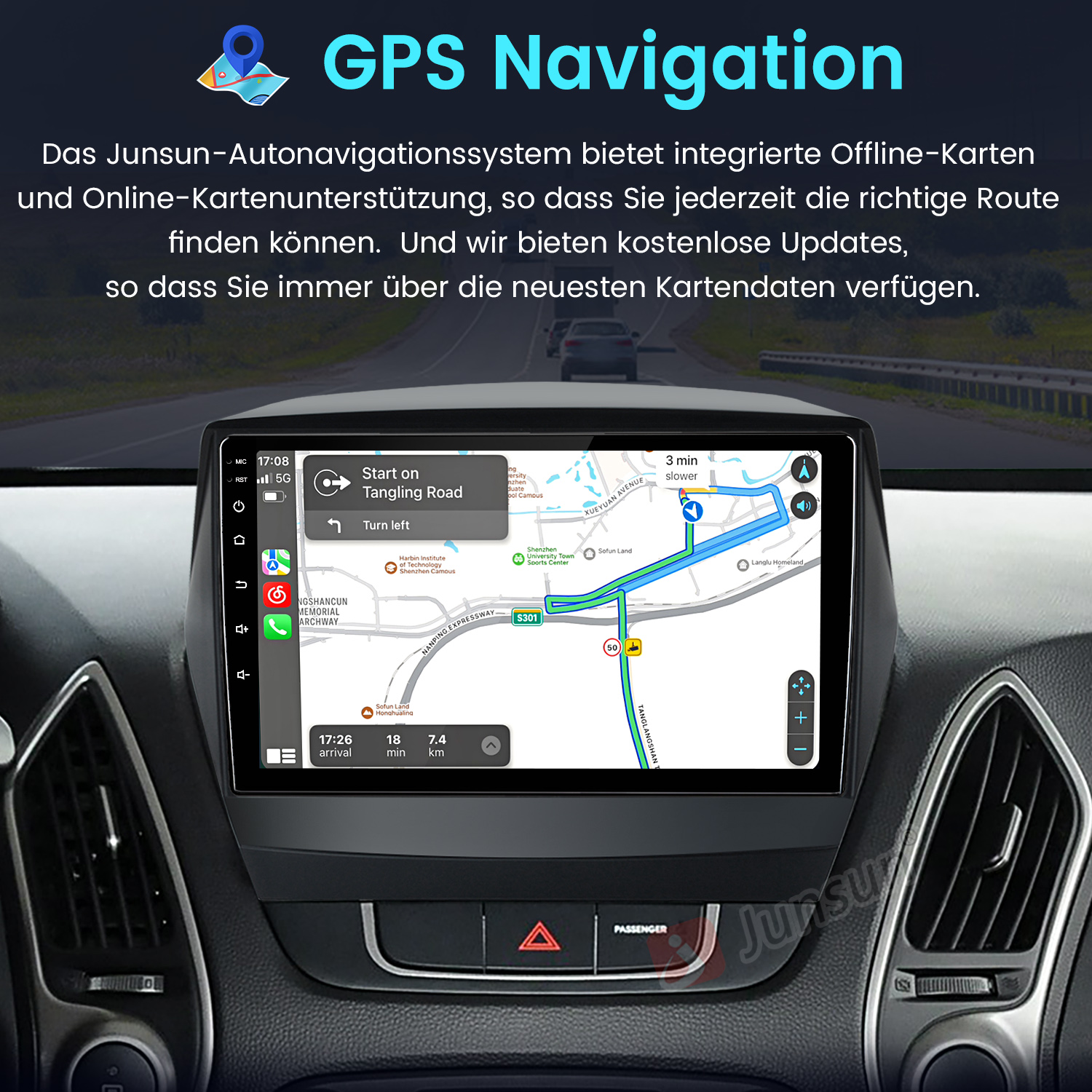 Armaturenbrett mit GPS-Navigation. Karte zeigt Route. Text sagt 'GPS Navigation'.