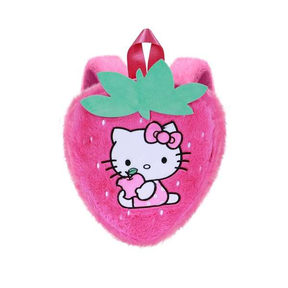 Ein pinkfarbener, erdbeerförmiger Rucksack mit Hello Kitty. Er hat grüne Blätter, einen roten Riemen und ein Hello Kitty-Design mit einem Apfel.