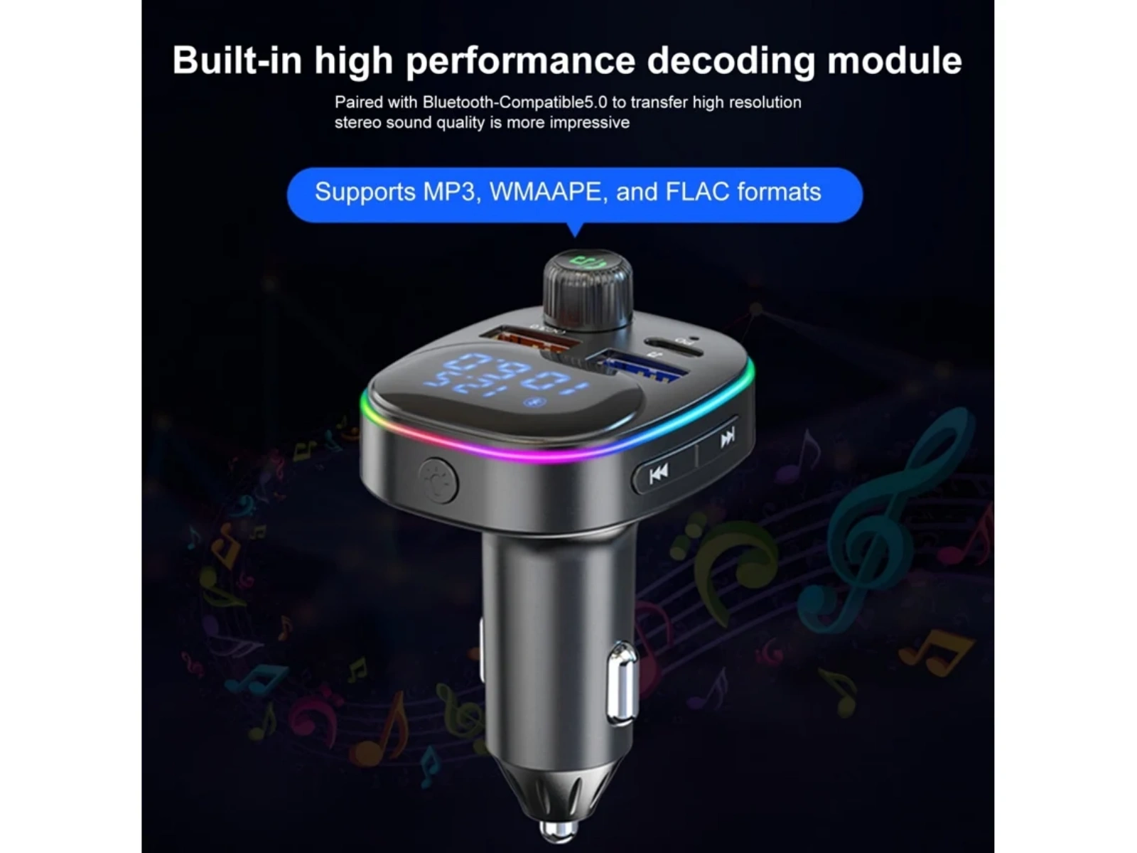 Ein Auto-MP3-Player mit Digitalanzeige, Tasten und USB-Anschluss. Er unterstützt MP3-, WMAAPE- und FLAC-Formate.