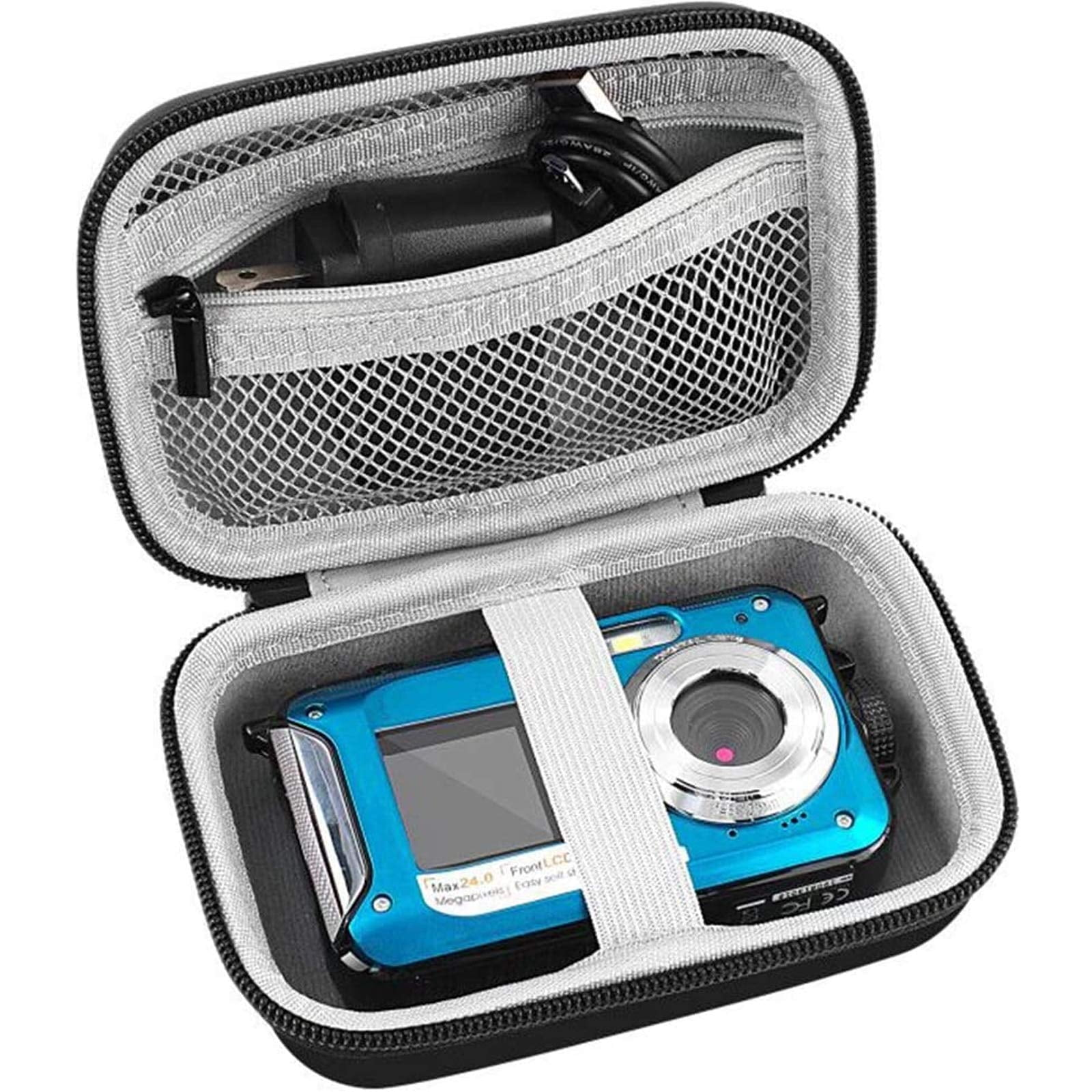Offene schwarze Hülle mit blauer Kamera. Die Hülle hat eine Netztasche mit Ladegerät.